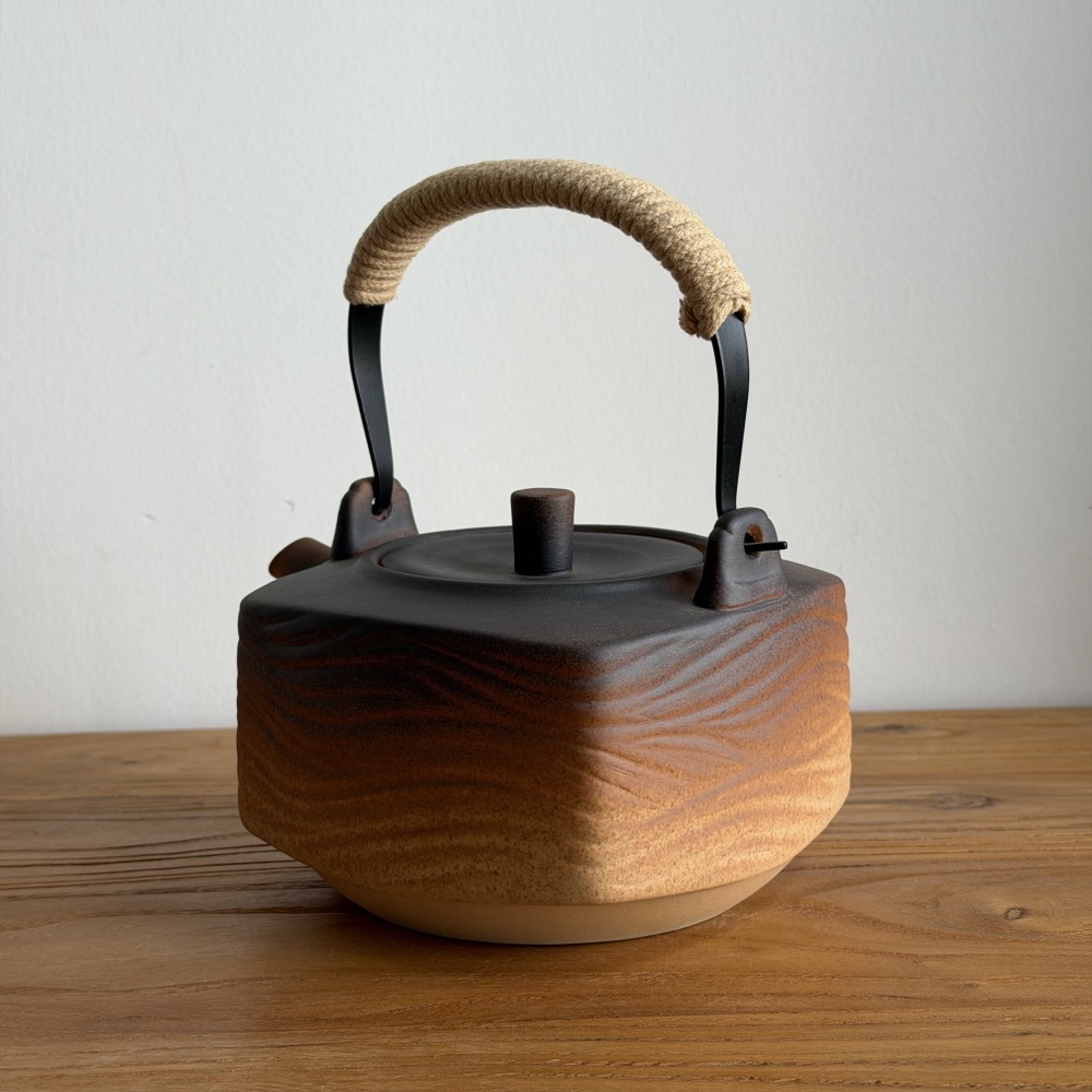 800ml Stovetop Safe Raw Ore Clay Top Handle Teapot, Unique Square Shape Wave Texture Handcrafted Gradient Glaze Pottery Tea Kettle with Heat-Resistant Hemp Wrapped Handle, Open Flame Safe for Loose Leaf Tea Brewing