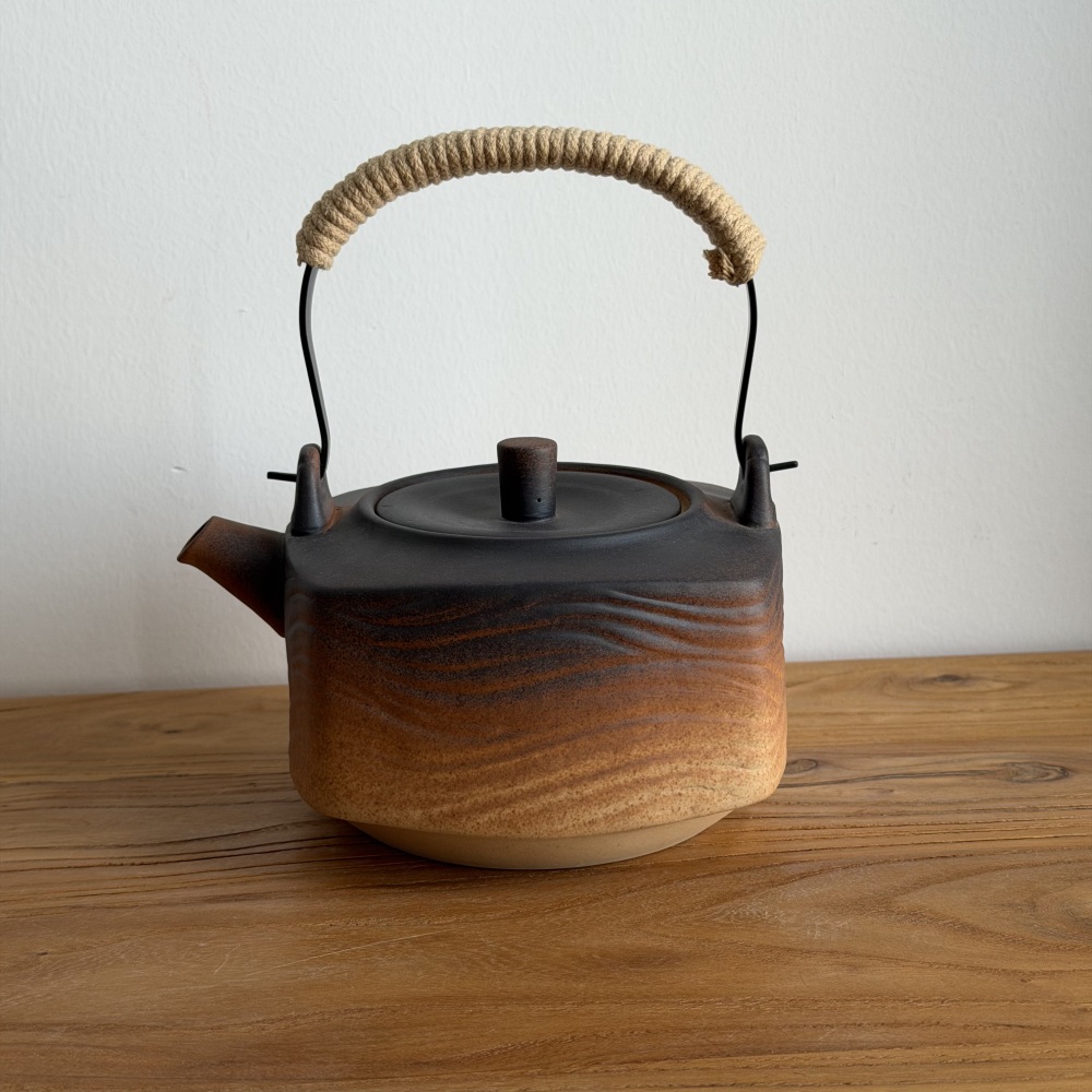 800ml Stovetop Safe Raw Ore Clay Top Handle Teapot, Unique Square Shape Wave Texture Handcrafted Gradient Glaze Pottery Tea Kettle with Heat-Resistant Hemp Wrapped Handle, Open Flame Safe for Loose Leaf Tea Brewing