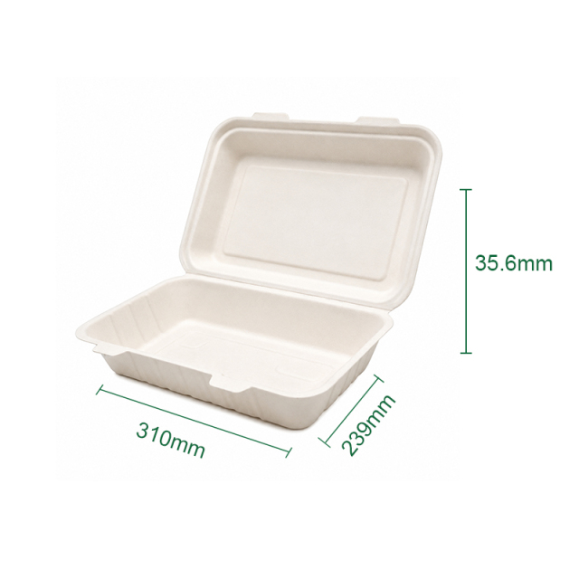 Biodegradable disposable environmentally friendly sugar cane pulp flip-top locking lunch box, American hamburger lunch box,MY SHOP,9*8" Meilin Lockable Box