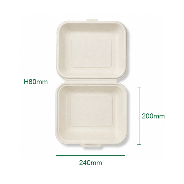 Biodegradable disposable environmentally friendly sugar cane pulp flip-top locking lunch box, American hamburger lunch box,MY SHOP,9*8" Meilin Lockable Box