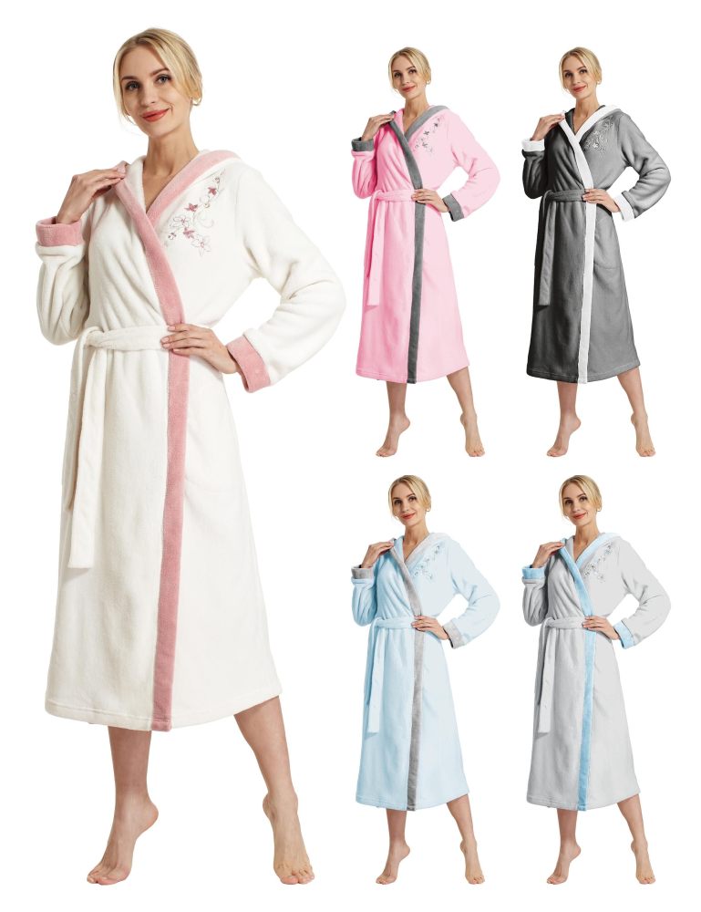 RAIKOU Damen Bademantel mit Kapuze weiches und super flauschiges Coral-Fleece Flausch RelaxKuschelfrottee Microfaser