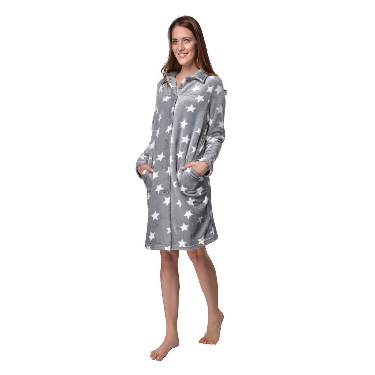 RAIKOU Damen Luxus Sternen Bademantel Morgenmantel Saunamantel mit Knöpfe und Super Flauschiges Coral-Fleece Relax Kuschelweich Microfaser