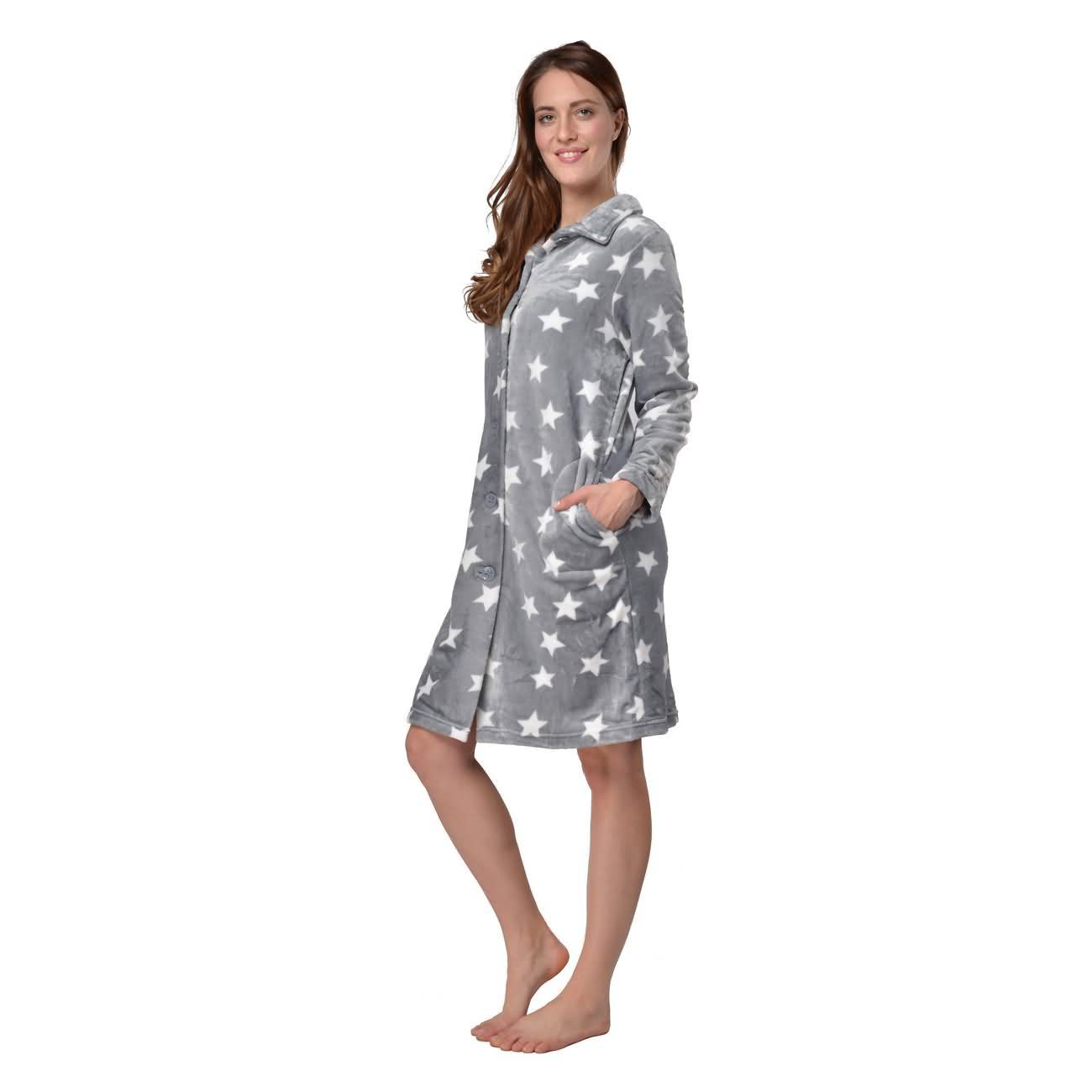 RAIKOU Damen Luxus Sternen Bademantel Morgenmantel Saunamantel mit Knöpfe und Super Flauschiges Coral-Fleece Relax Kuschelweich Microfaser