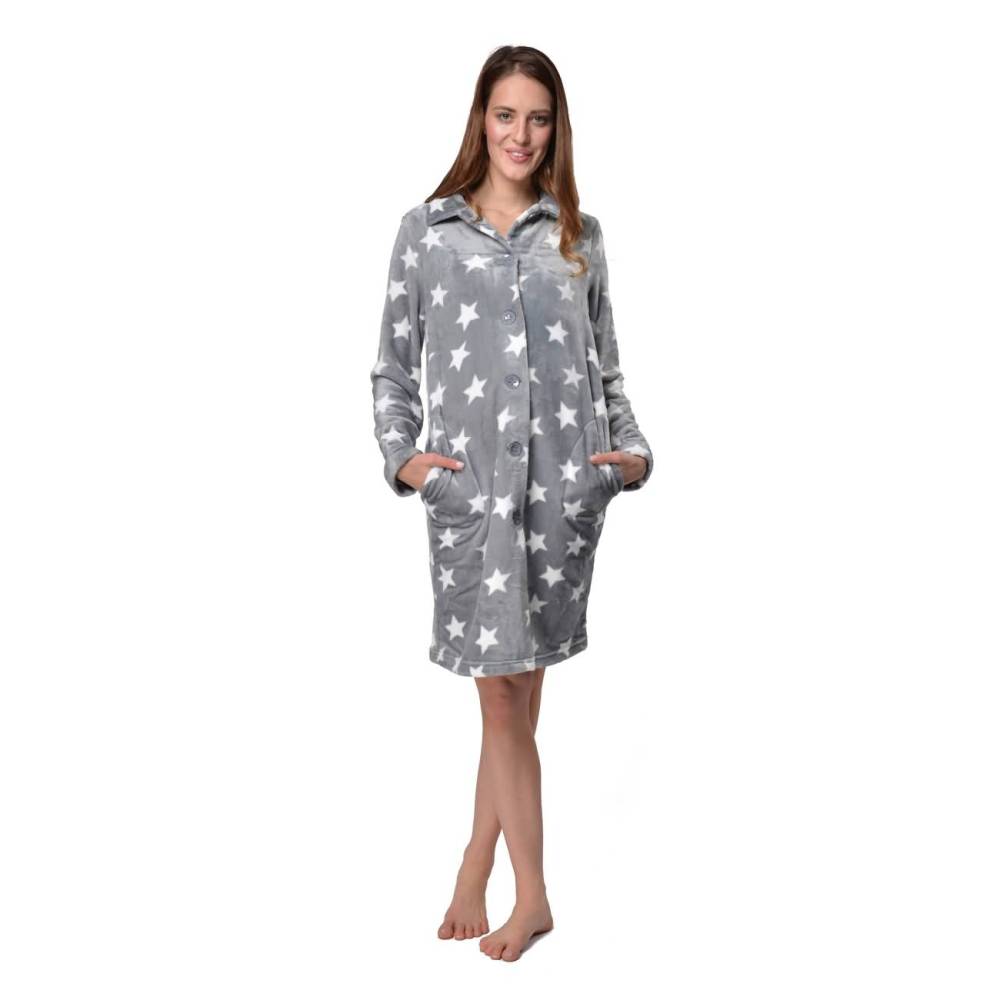 RAIKOU Damen Luxus Sternen Bademantel Morgenmantel Saunamantel mit Knöpfe und Super Flauschiges Coral-Fleece Relax Kuschelweich Microfaser