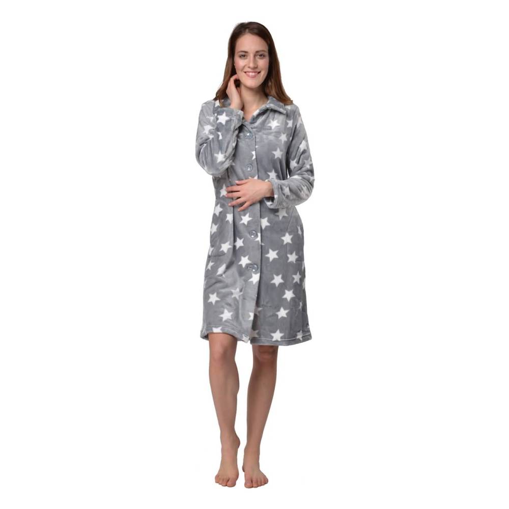 RAIKOU Damen Luxus Sternen Bademantel Morgenmantel Saunamantel mit Knöpfe und Super Flauschiges Coral-Fleece Relax Kuschelweich Microfaser
