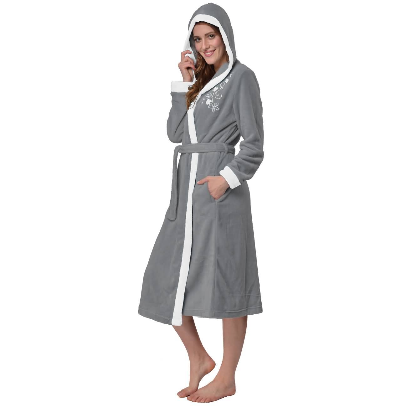 RAIKOU Damen Bademantel mit Kapuze weiches und super flauschiges Coral-Fleece Flausch RelaxKuschelfrottee Microfaser