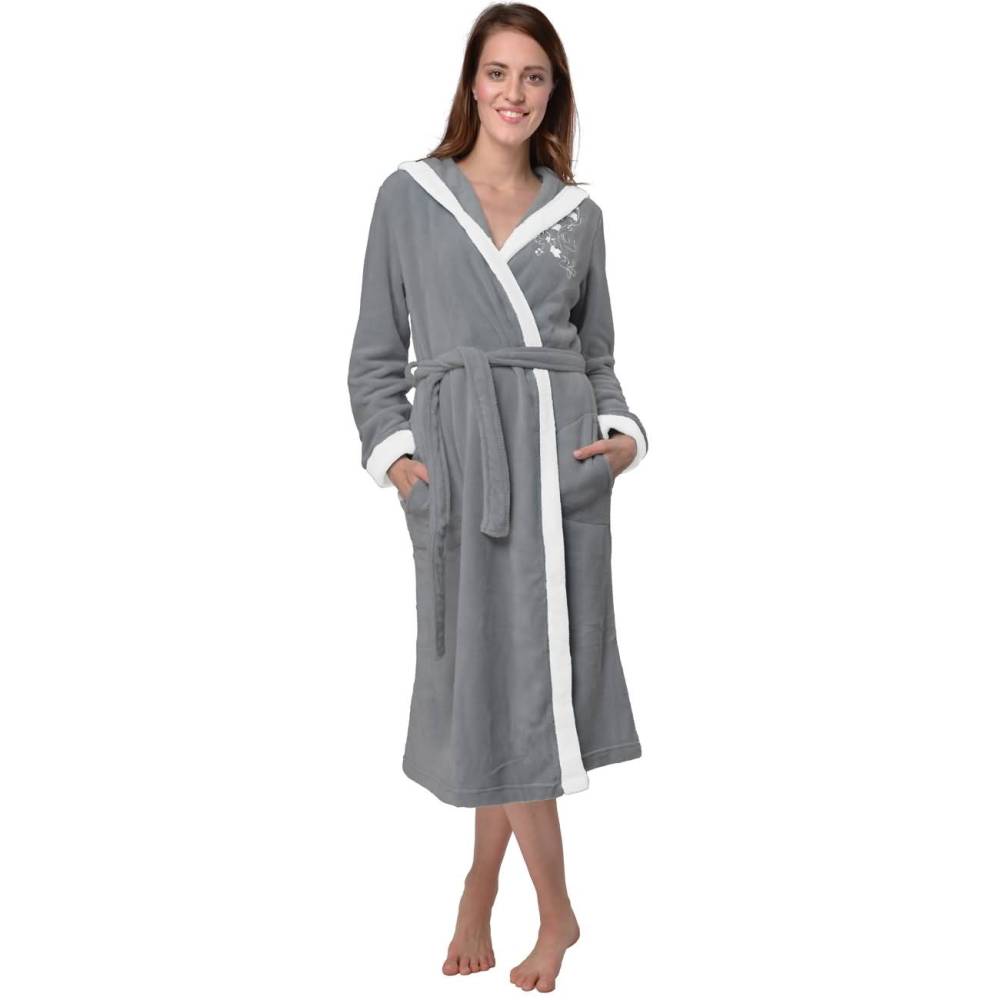 RAIKOU Damen Bademantel mit Kapuze weiches und super flauschiges Coral-Fleece Flausch RelaxKuschelfrottee Microfaser