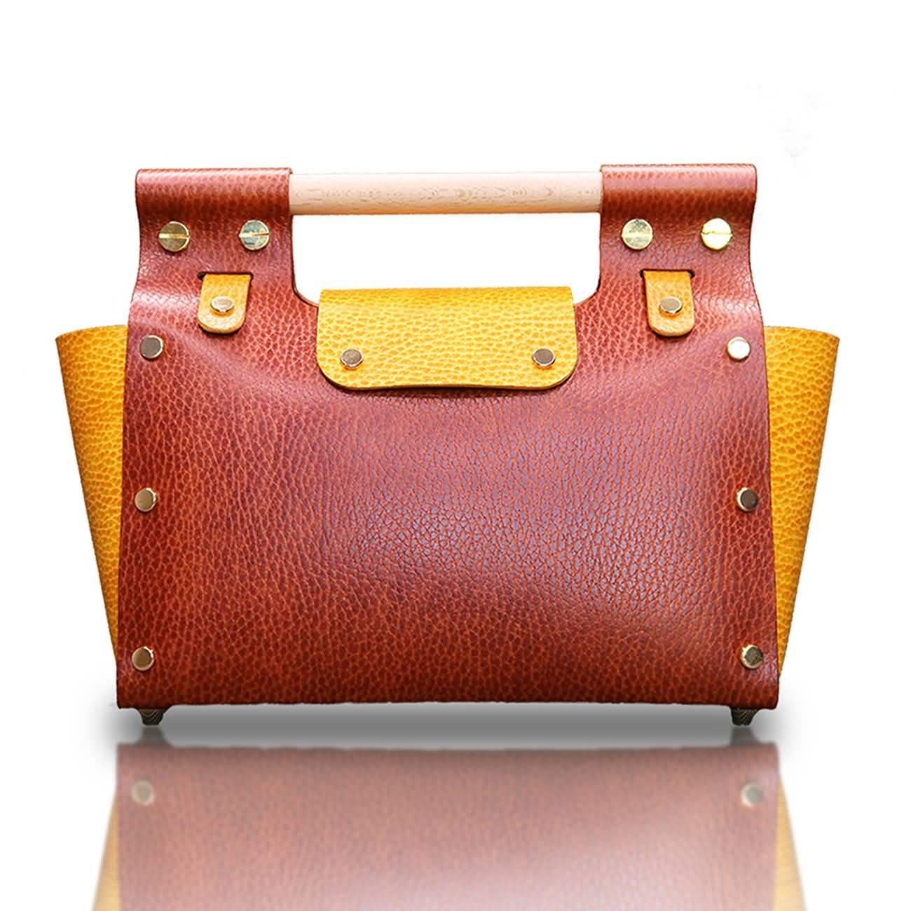 RAIKOU Damen Handtasche aus pflanzlich gegerbtem Leder italienische Lederwaren  Abendtasche Echt-Leder Schultertasche Umhängetasche schönes Vintage Design Vegetable-tanned leather handbag with wood handle