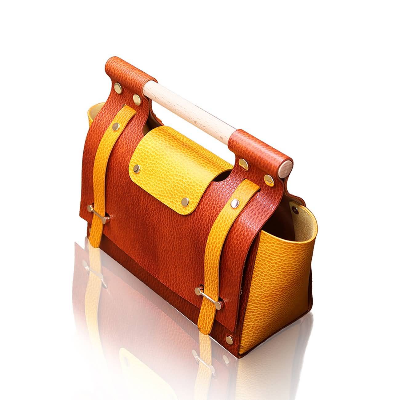 RAIKOU Damen Handtasche aus pflanzlich gegerbtem Leder italienische Lederwaren  Abendtasche Echt-Leder Schultertasche Umhängetasche schönes Vintage Design Vegetable-tanned leather handbag with wood handle