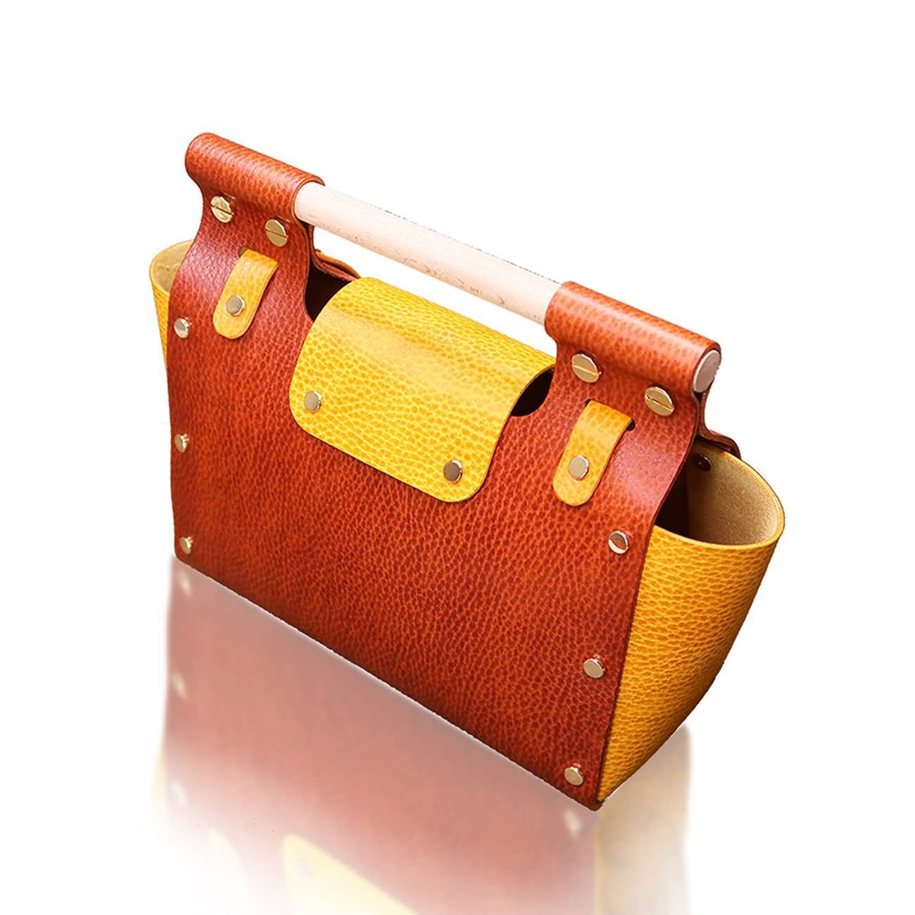RAIKOU Damen Handtasche aus pflanzlich gegerbtem Leder italienische Lederwaren  Abendtasche Echt-Leder Schultertasche Umhängetasche schönes Vintage Design Vegetable-tanned leather handbag with wood handle