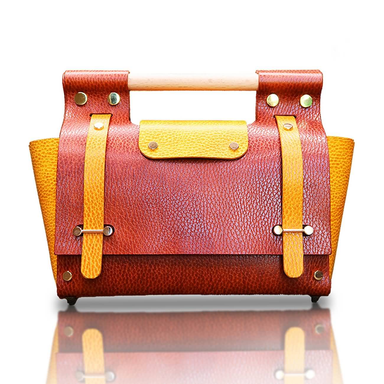 RAIKOU Damen Handtasche aus pflanzlich gegerbtem Leder italienische Lederwaren  Abendtasche Echt-Leder Schultertasche Umhängetasche schönes Vintage Design Vegetable-tanned leather handbag with wood handle