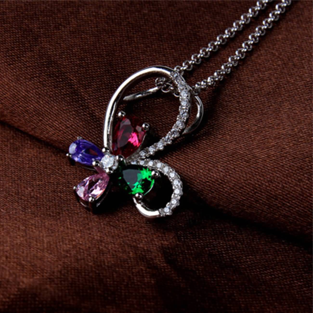 RAIKOU Sterling Silber Schmuck Schleifenanhänger mit Farbigen Kristallen Halskette