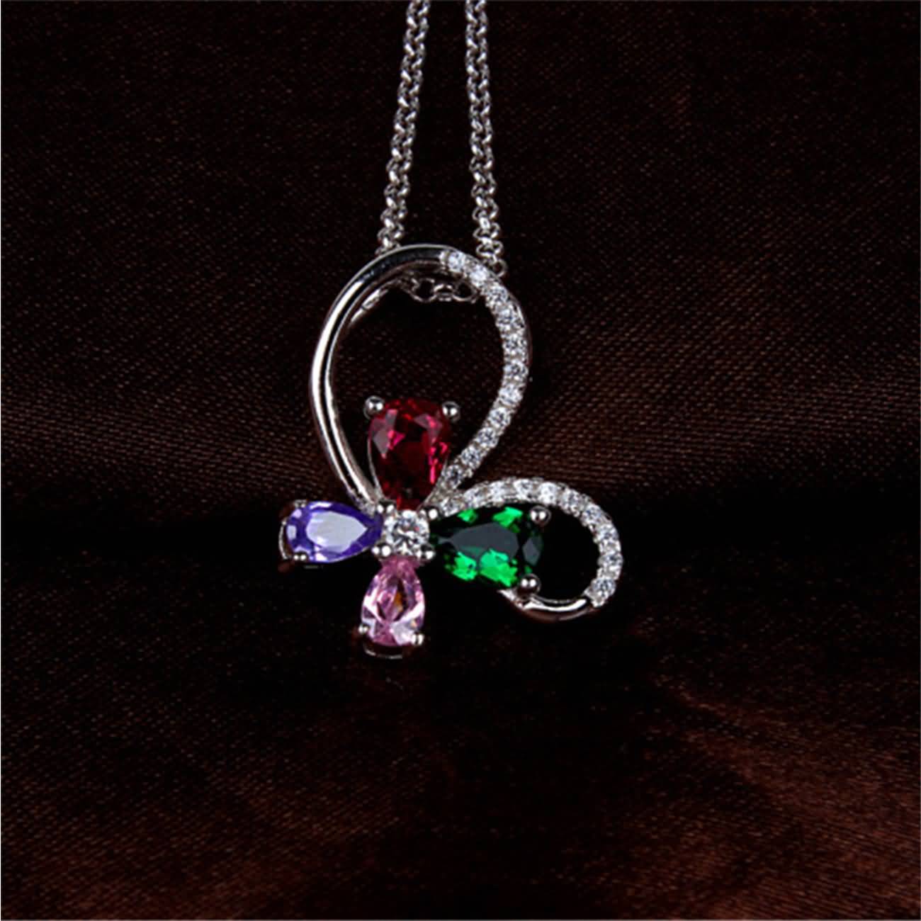 RAIKOU Sterling Silber Schmuck Schleifenanhänger mit Farbigen Kristallen Halskette