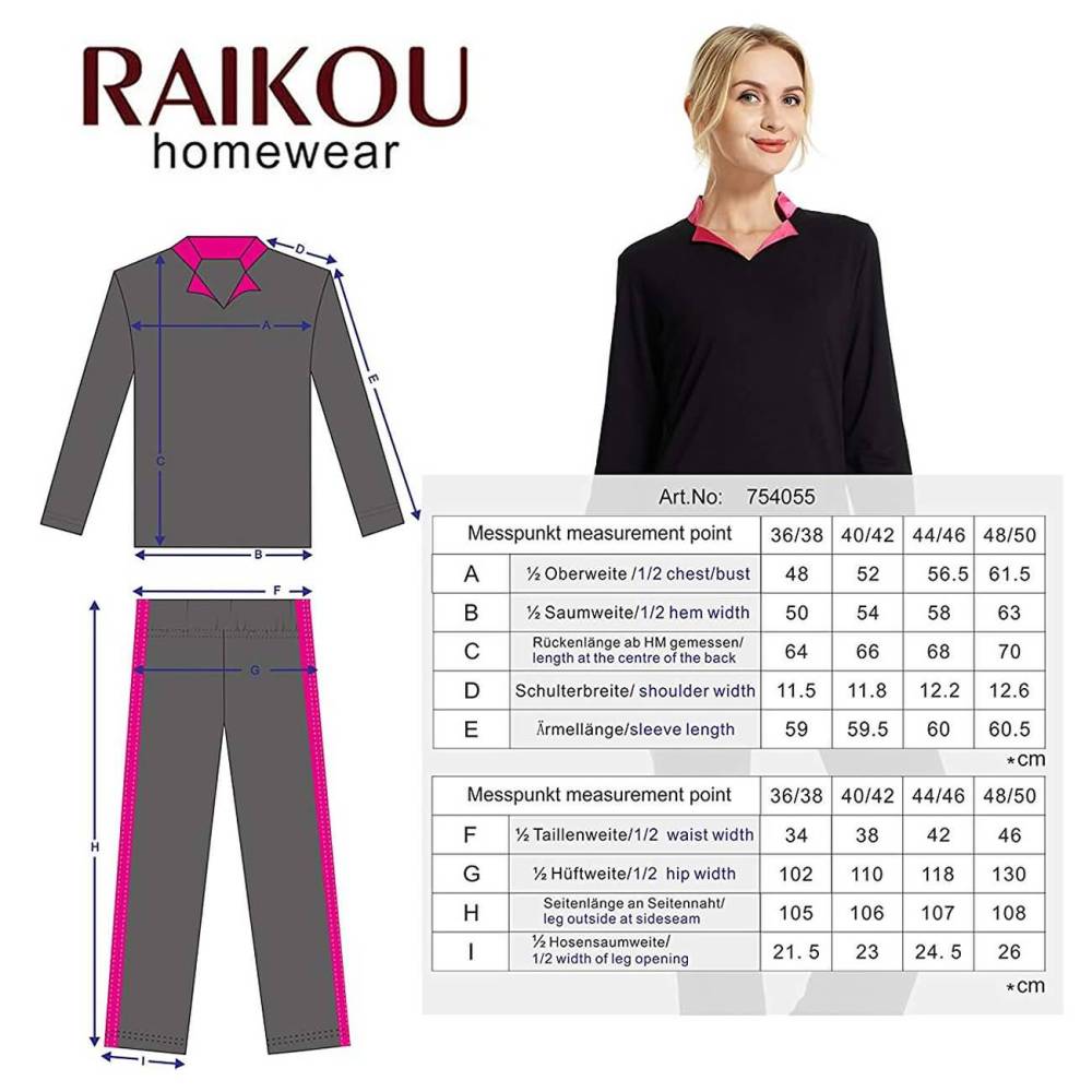 RAIKOU Damen Langarm Pyjama Schlafanzug Hausanzug Freizeitanzug sportlich mit V-Ausschnitt Langarm-Pullover im tollen Design