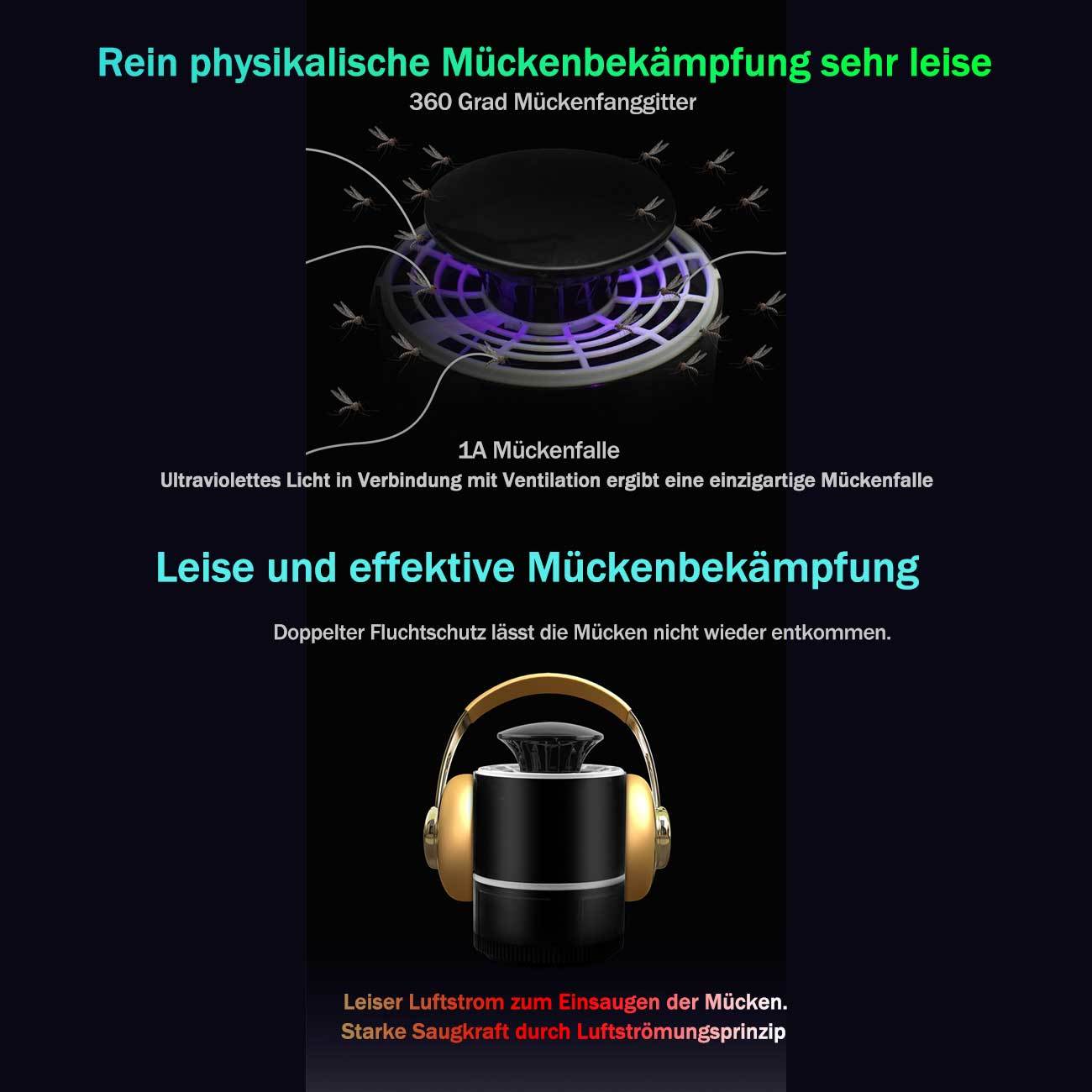 Maity Mückenlampe, elektrisch UV-LED Insektenlampe, USB Ladung, Ungiftig, geeignet für Innen und Außeneinsatz, Mückenfalle durch Licht und Ventilation, Super leise (M/S-A19102,Schwarz)(2 Stück)