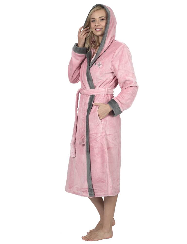 RAIKOU Damen Bademantel mit Kapuze weiches und super flauschiges Coral-Fleece Flausch RelaxKuschelfrottee Microfaser