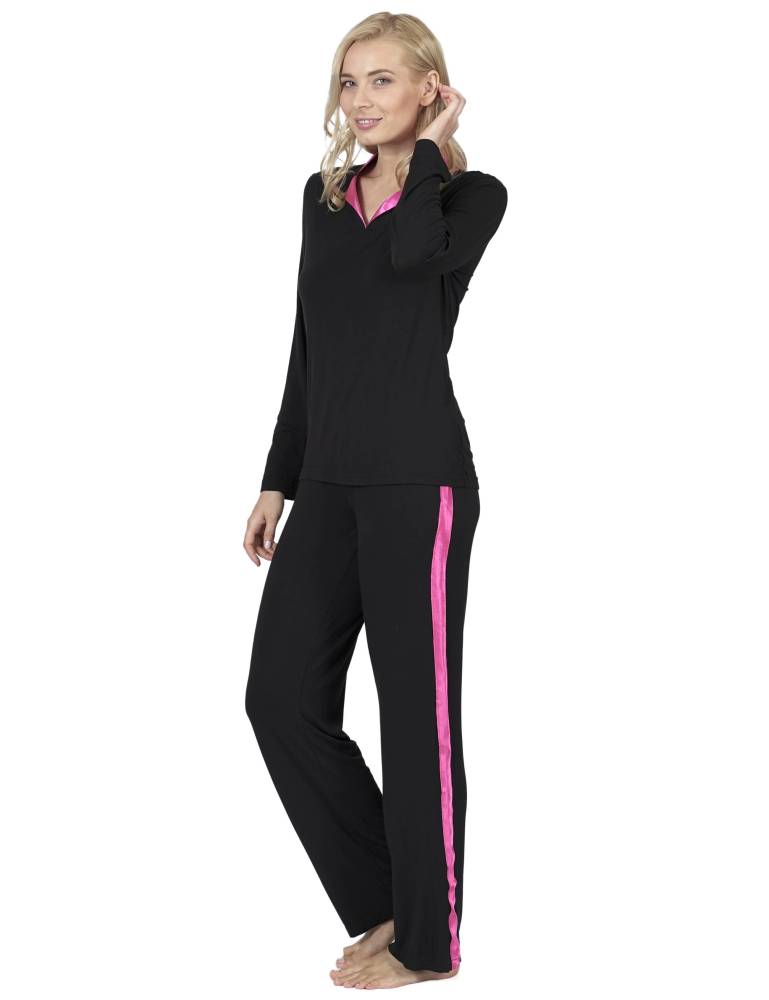 RAIKOU Damen Langarm Pyjama Schlafanzug Hausanzug Freizeitanzug sportlich mit V-Ausschnitt Langarm-Pullover im tollen Design