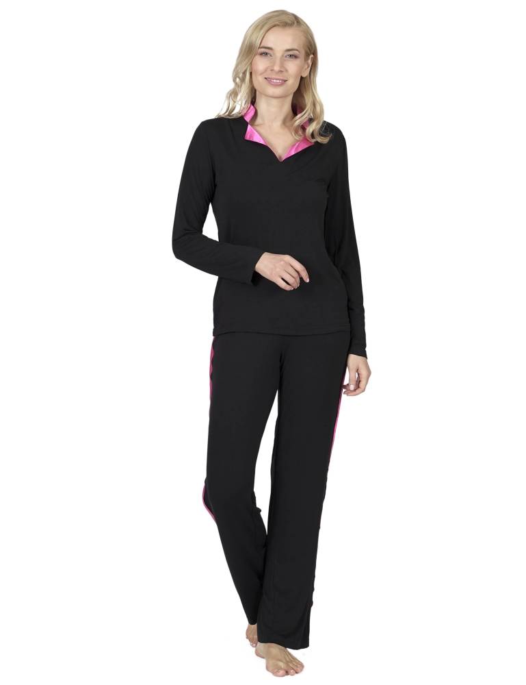 RAIKOU Damen Langarm Pyjama Schlafanzug Hausanzug Freizeitanzug sportlich mit V-Ausschnitt Langarm-Pullover im tollen Design