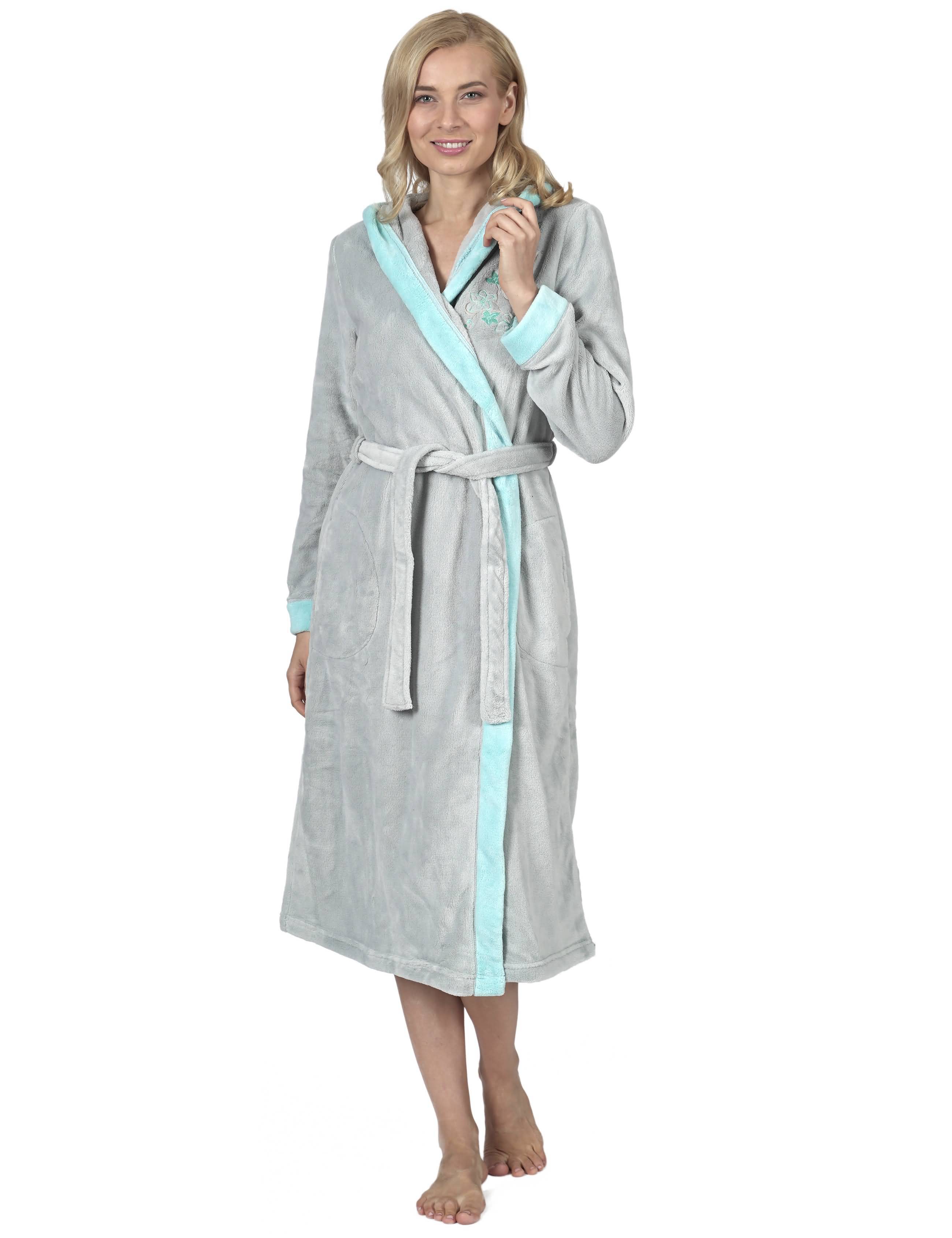 RAIKOU Damen Bademantel mit Kapuze weiches und super flauschiges Coral-Fleece Flausch RelaxKuschelfrottee Microfaser