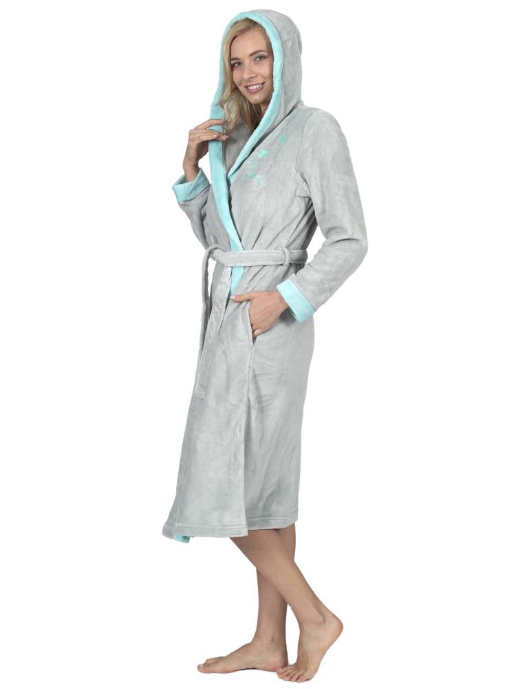 RAIKOU Damen Bademantel mit Kapuze weiches und super flauschiges Coral-Fleece Flausch RelaxKuschelfrottee Microfaser