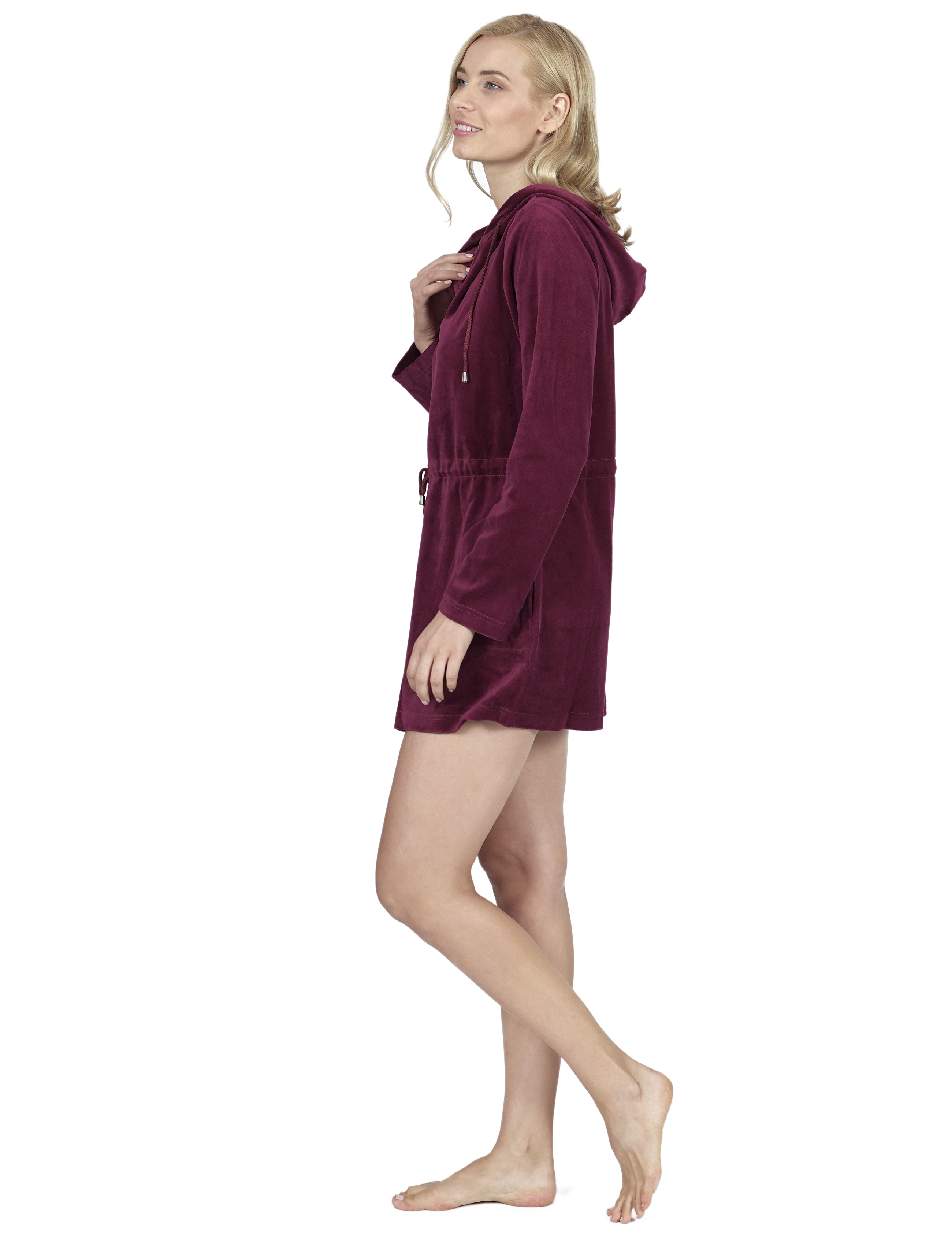 RAIKOU Damen Nicki Velour Kurzer Bademantel/Morgenmantel/Saunamantel mit Reißverschluss mit Hohem Baumwollanteil Kapuzenjacke Hoodie Zipper Jacket