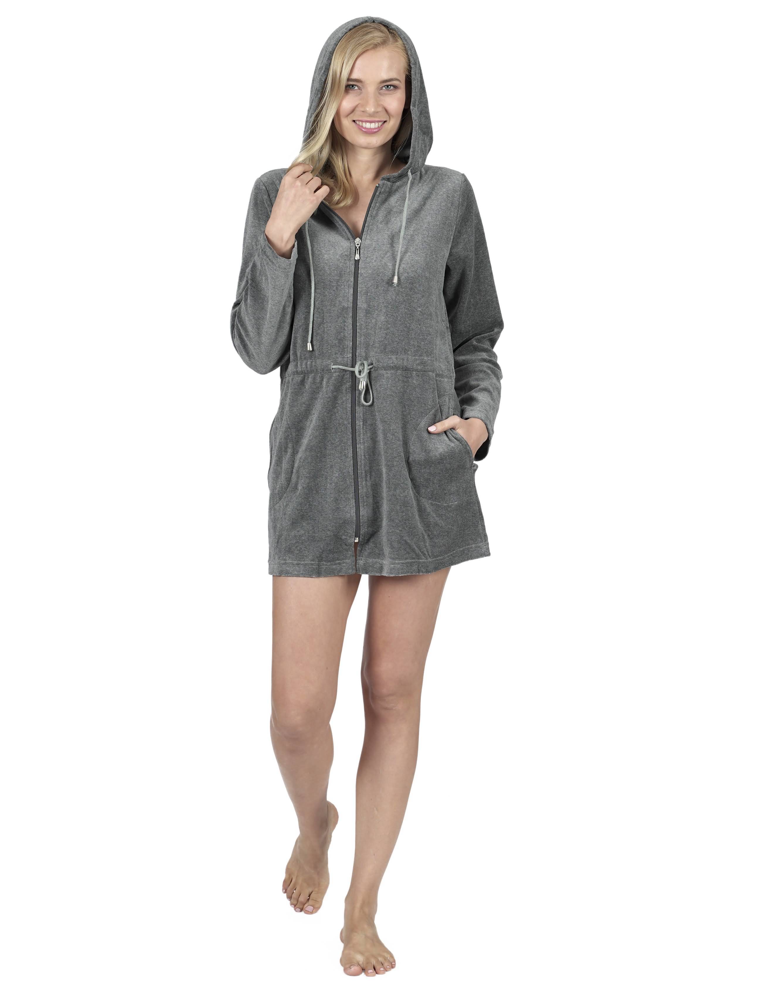 RAIKOU Damen Nicki Velour Kurzer Bademantel/Morgenmantel/Saunamantel mit Reißverschluss mit Hohem Baumwollanteil Kapuzenjacke Hoodie Zipper Jacket