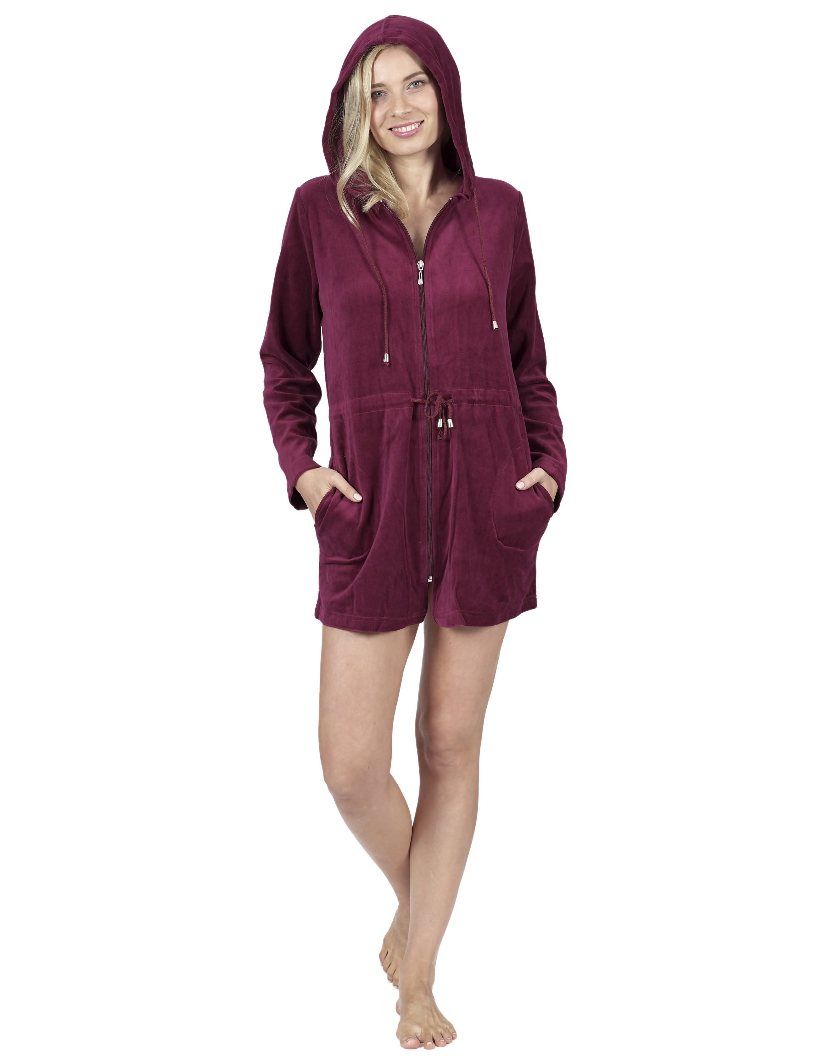 RAIKOU Damen Nicki Velour Kurzer Bademantel/Morgenmantel/Saunamantel mit Reißverschluss mit Hohem Baumwollanteil Kapuzenjacke Hoodie Zipper Jacket