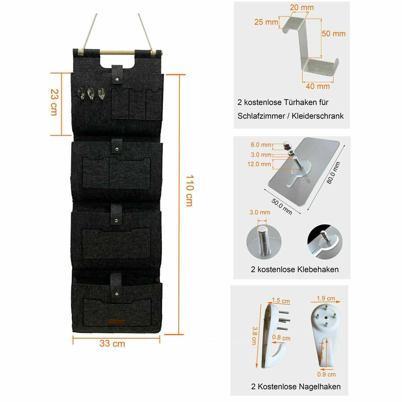 Hängeorganzier für Tür und Wand, Home-Organizer zum Aufhängen, Wandtasche, Untensilientasche, Hängende Aufbewahrungstasche für Garderobe, Bad, Küche Multifunktionstaschen + 3 Schlüsselanhänger