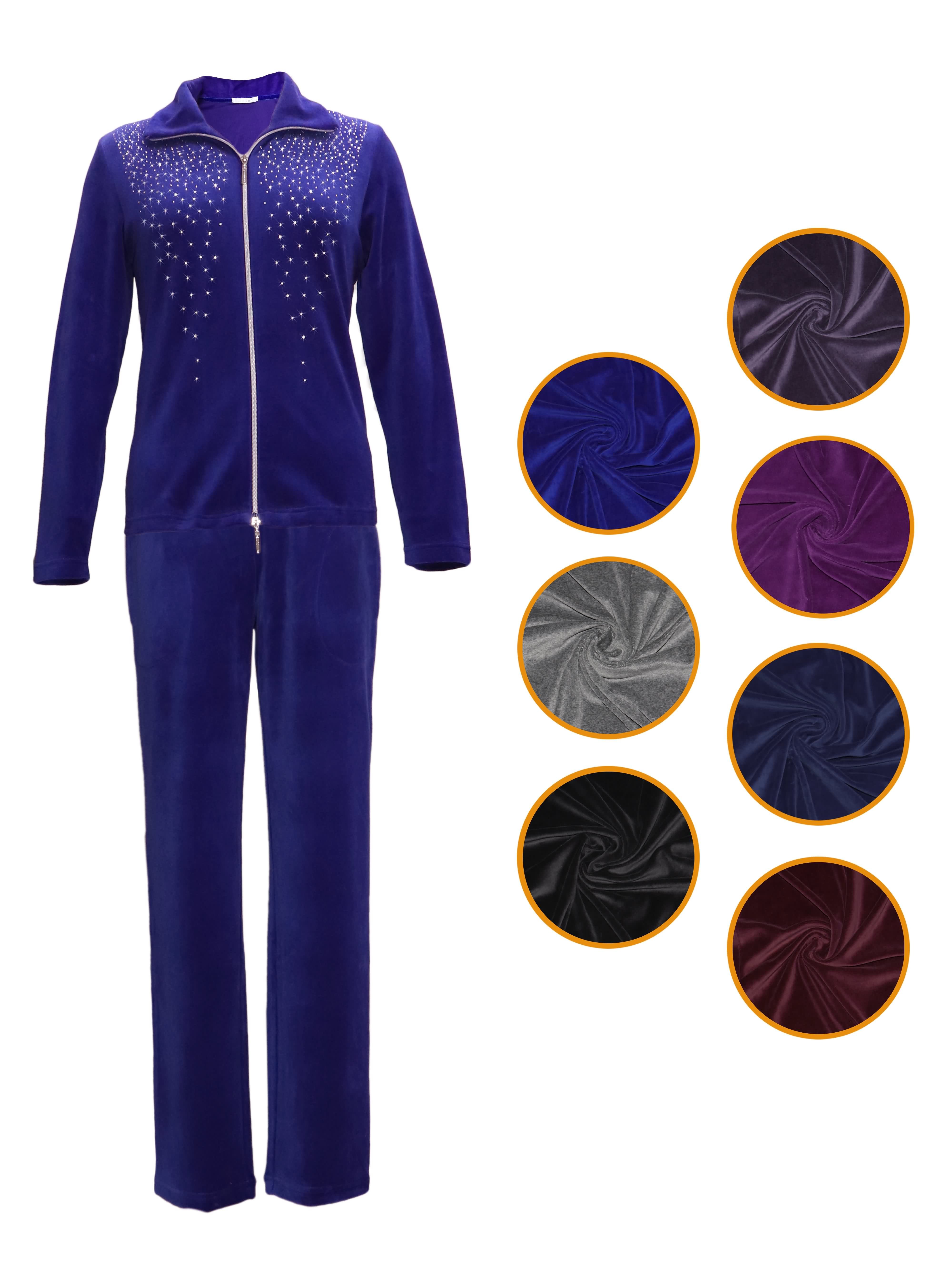 DESEN Damen Velours Nicki Freizeitanzug Fitnessanzug Hausanzug Jogginganzug Nicki-Anzug mit Reißverschluss und Glitzersteinen