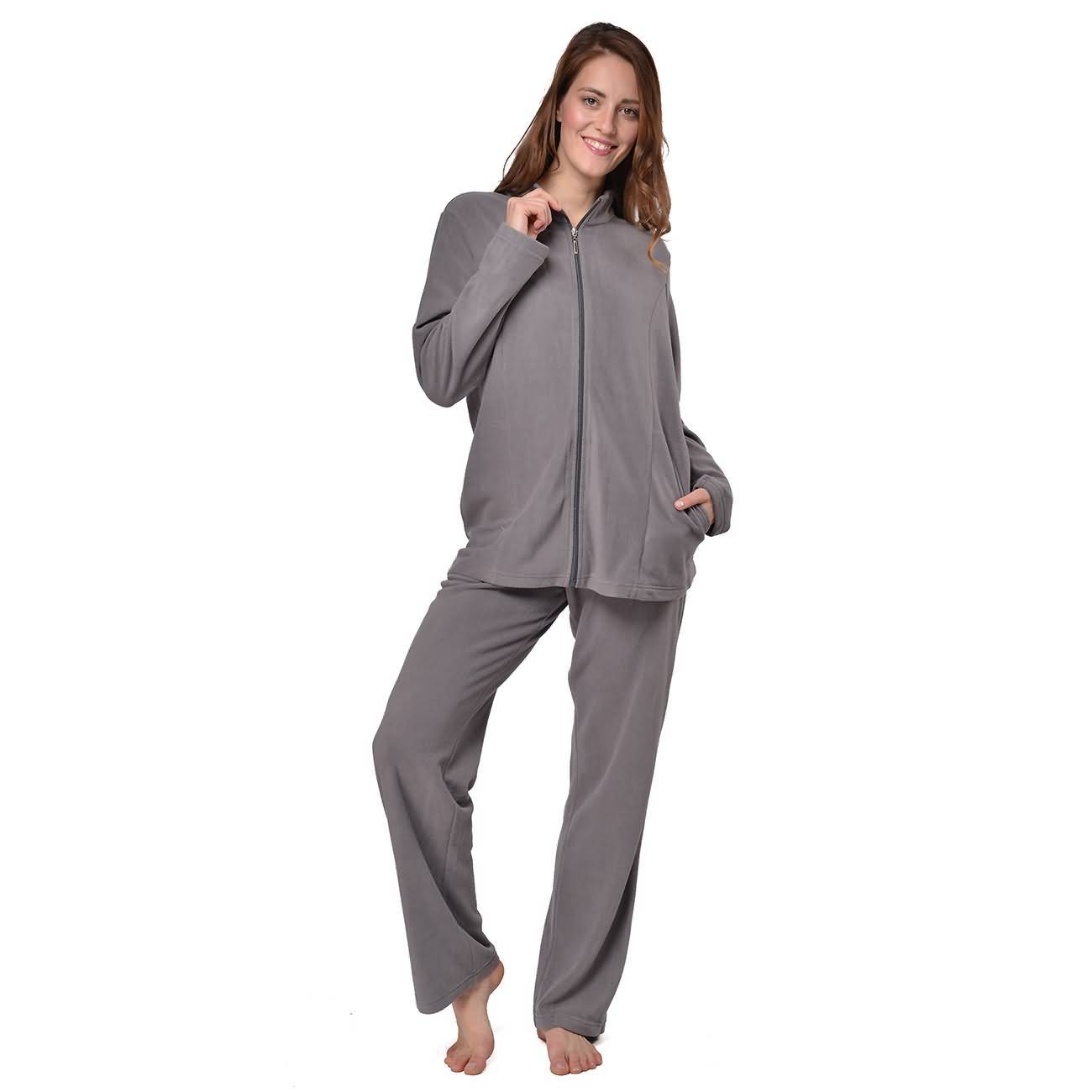 RAIKOU Eleganter Einfarbiger Damen Hausanzug in Micro-Fleece Freizeitanzug mit Reißverschluss