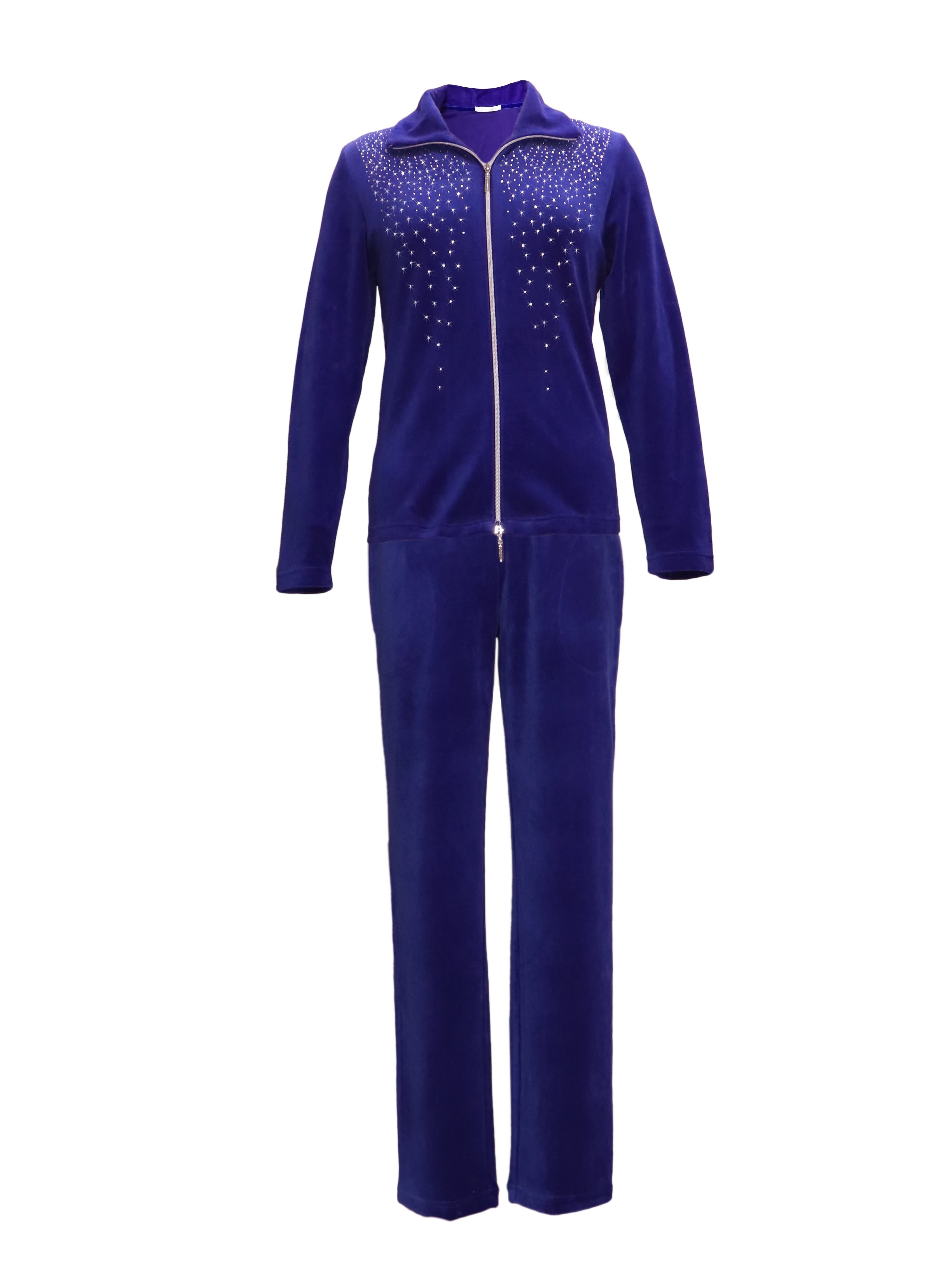 DESEN Damen Velours Nicki Freizeitanzug Fitnessanzug Hausanzug Jogginganzug Nicki-Anzug mit Reißverschluss und Glitzersteinen