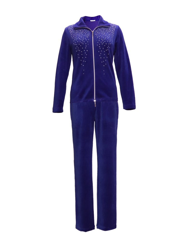 DESEN Damen Velours Nicki Freizeitanzug Fitnessanzug Hausanzug Jogginganzug Nicki-Anzug mit Reißverschluss und Glitzersteinen