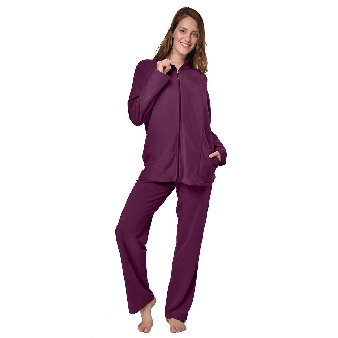 RAIKOU Eleganter Einfarbiger Damen Hausanzug in Micro-Fleece Freizeitanzug mit Reißverschluss