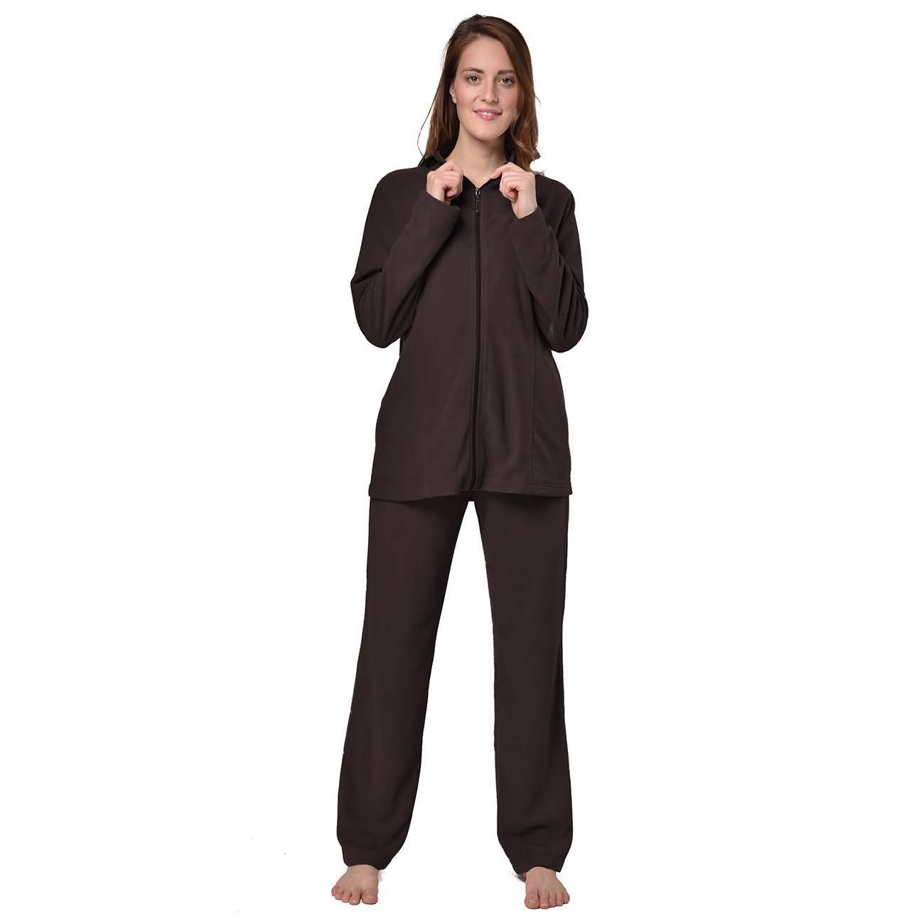 RAIKOU Eleganter Einfarbiger Damen Hausanzug in Micro-Fleece Freizeitanzug mit Reißverschluss