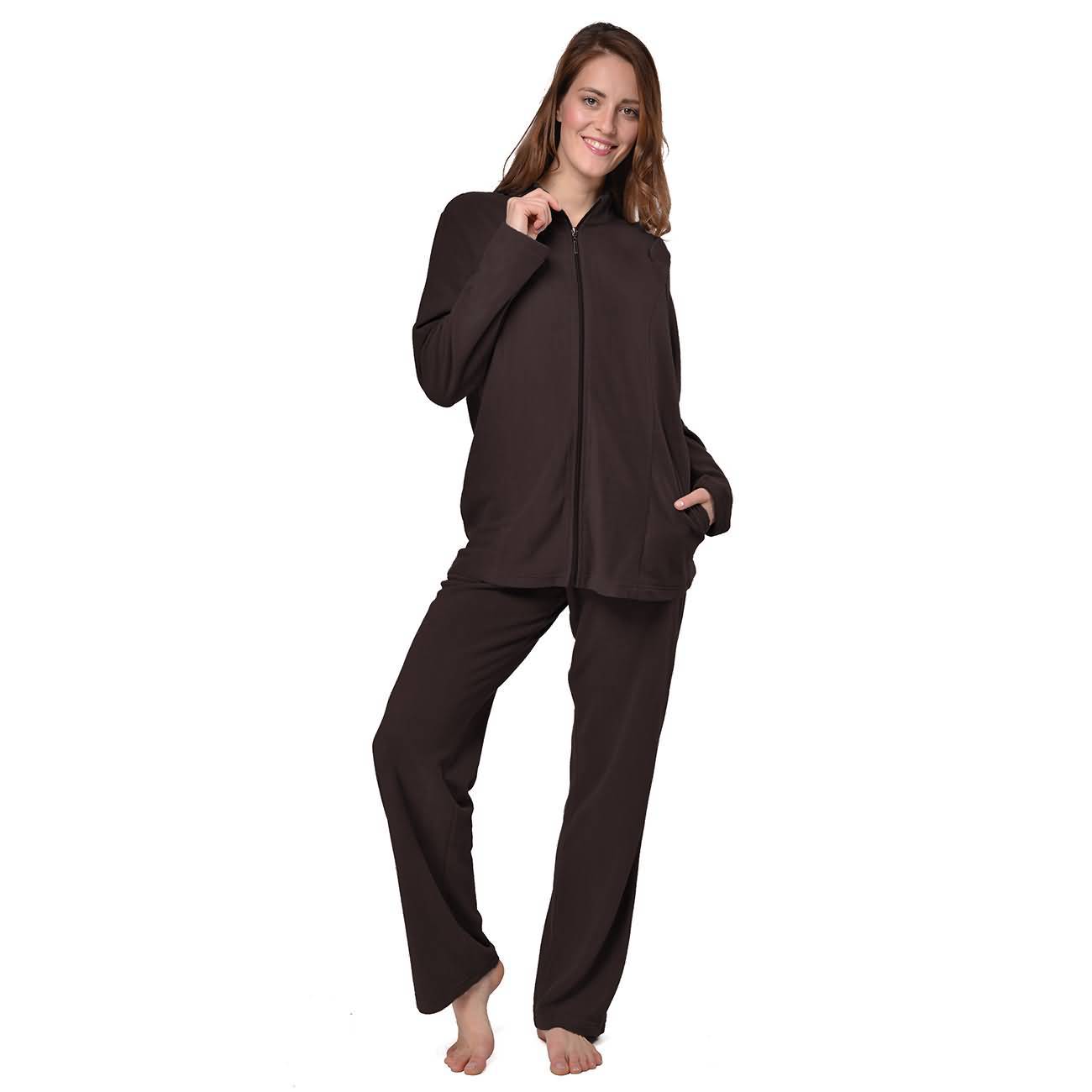 RAIKOU Eleganter Einfarbiger Damen Hausanzug in Micro-Fleece Freizeitanzug mit Reißverschluss