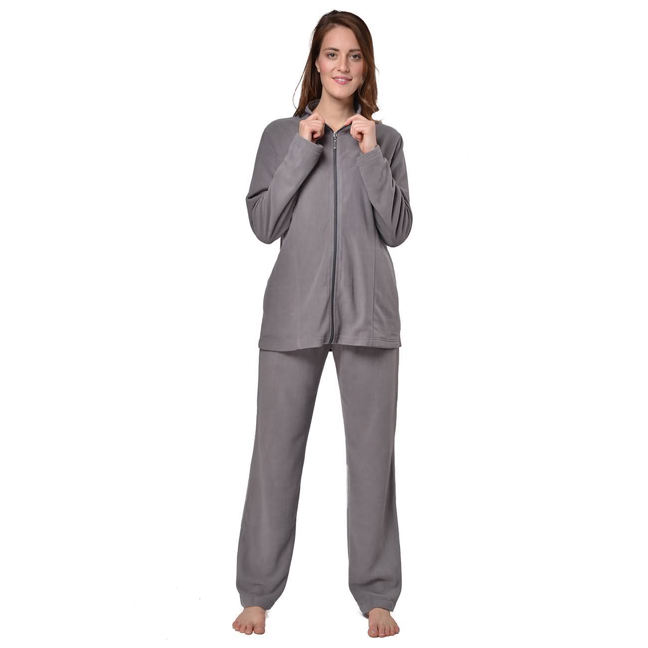 RAIKOU Eleganter Einfarbiger Damen Hausanzug in Micro-Fleece Freizeitanzug mit Reißverschluss