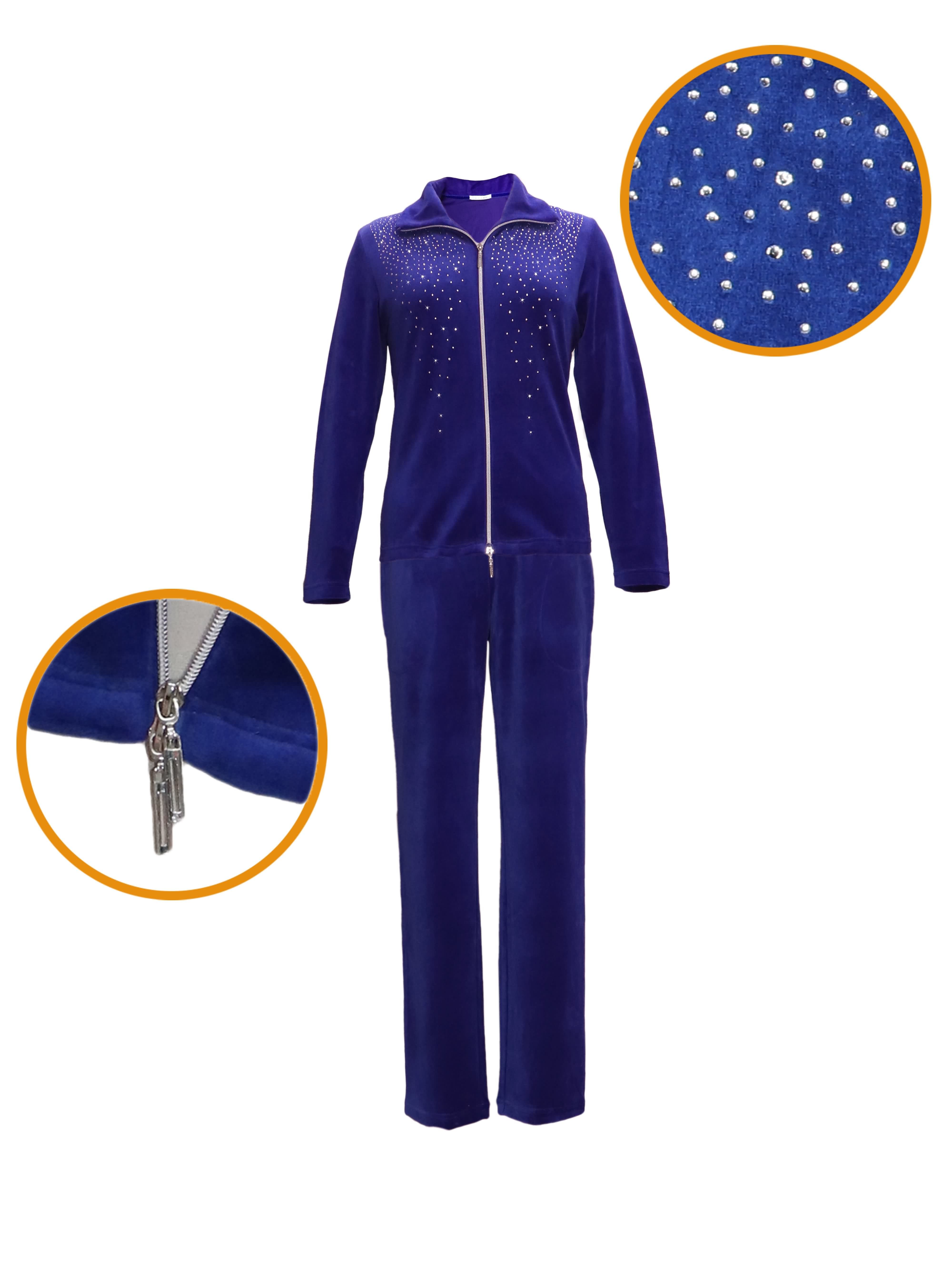 DESEN Damen Velours Nicki Freizeitanzug Fitnessanzug Hausanzug Jogginganzug Nicki-Anzug mit Reißverschluss und Glitzersteinen