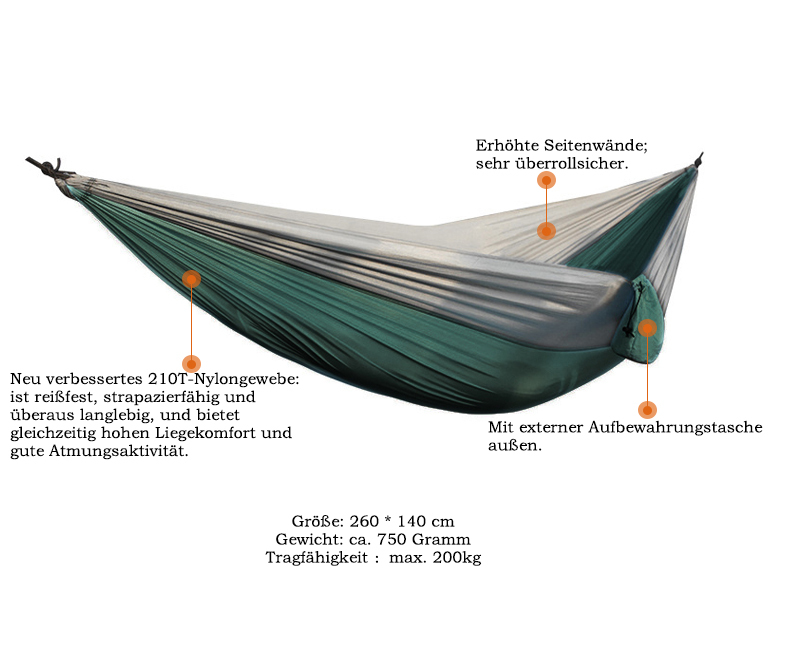 RAIKOU Hängematte aus Fallschirm Stoff, outdoor Comping Garten XXL 260x140cm für 2 Personen Belastbar bis 200kg