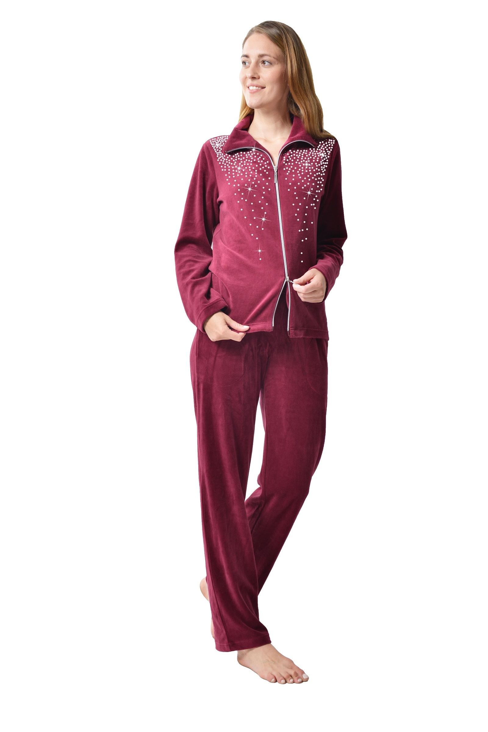 DESEN Damen Velours Nicki Freizeitanzug Fitnessanzug Hausanzug Jogginganzug Nicki-Anzug mit Reißverschluss und Glitzersteinen