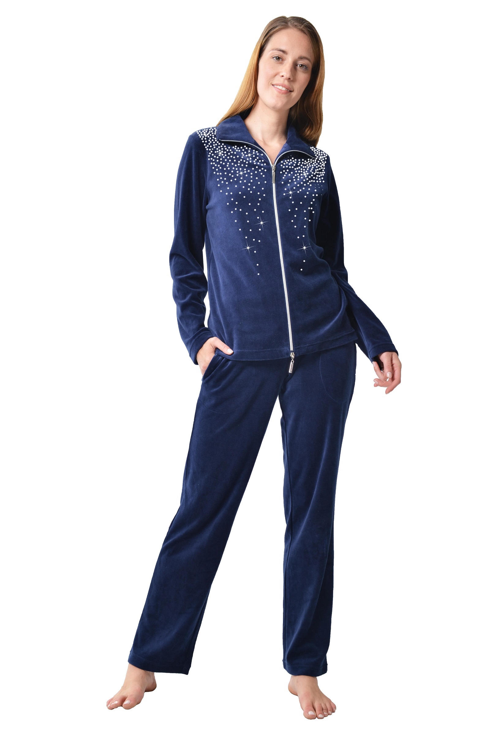 DESEN Damen Velours Nicki Freizeitanzug Fitnessanzug Hausanzug Jogginganzug Nicki-Anzug mit Reißverschluss und Glitzersteinen
