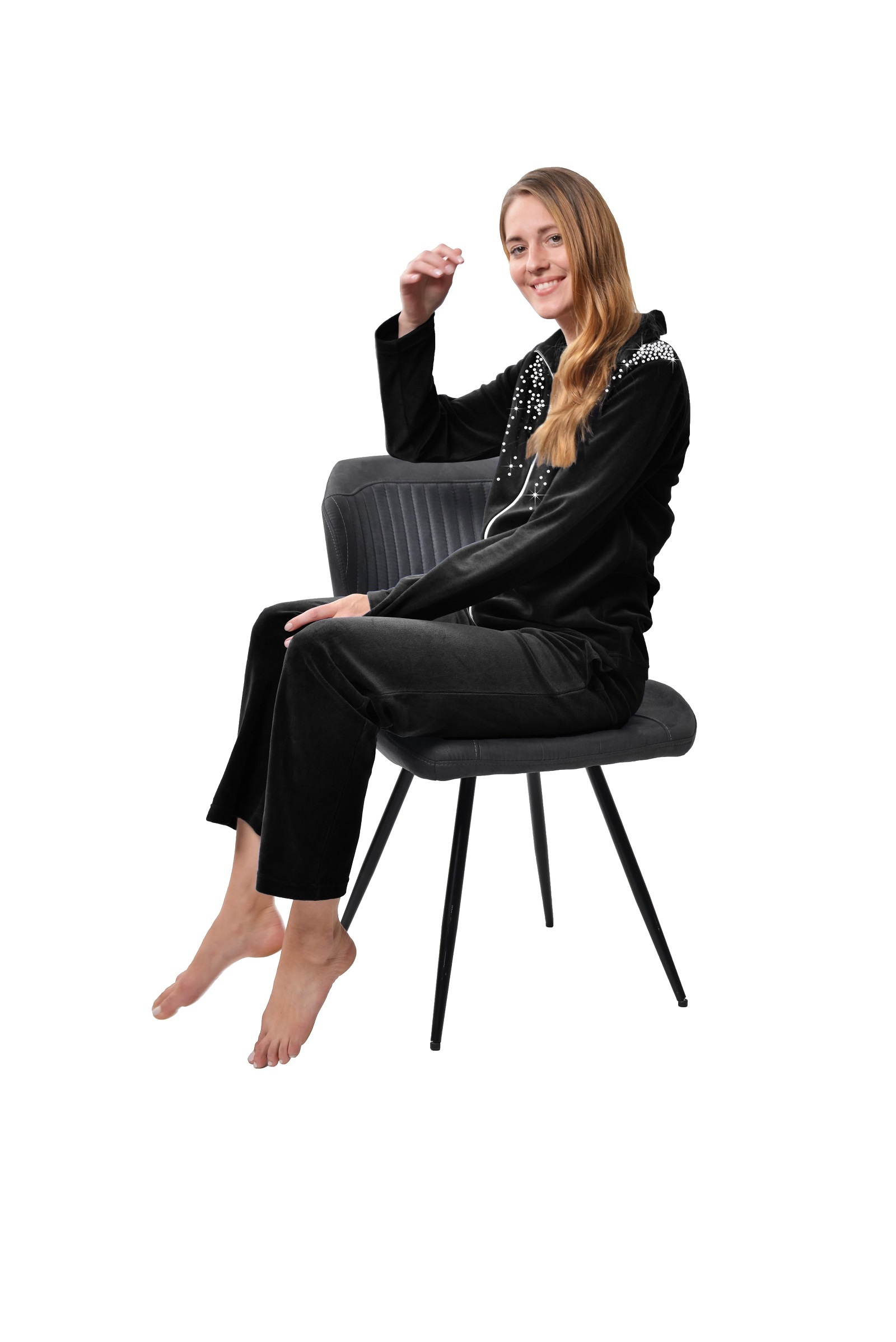 DESEN Damen Velours Nicki Freizeitanzug Fitnessanzug Hausanzug Jogginganzug Nicki-Anzug mit Reißverschluss und Glitzersteinen