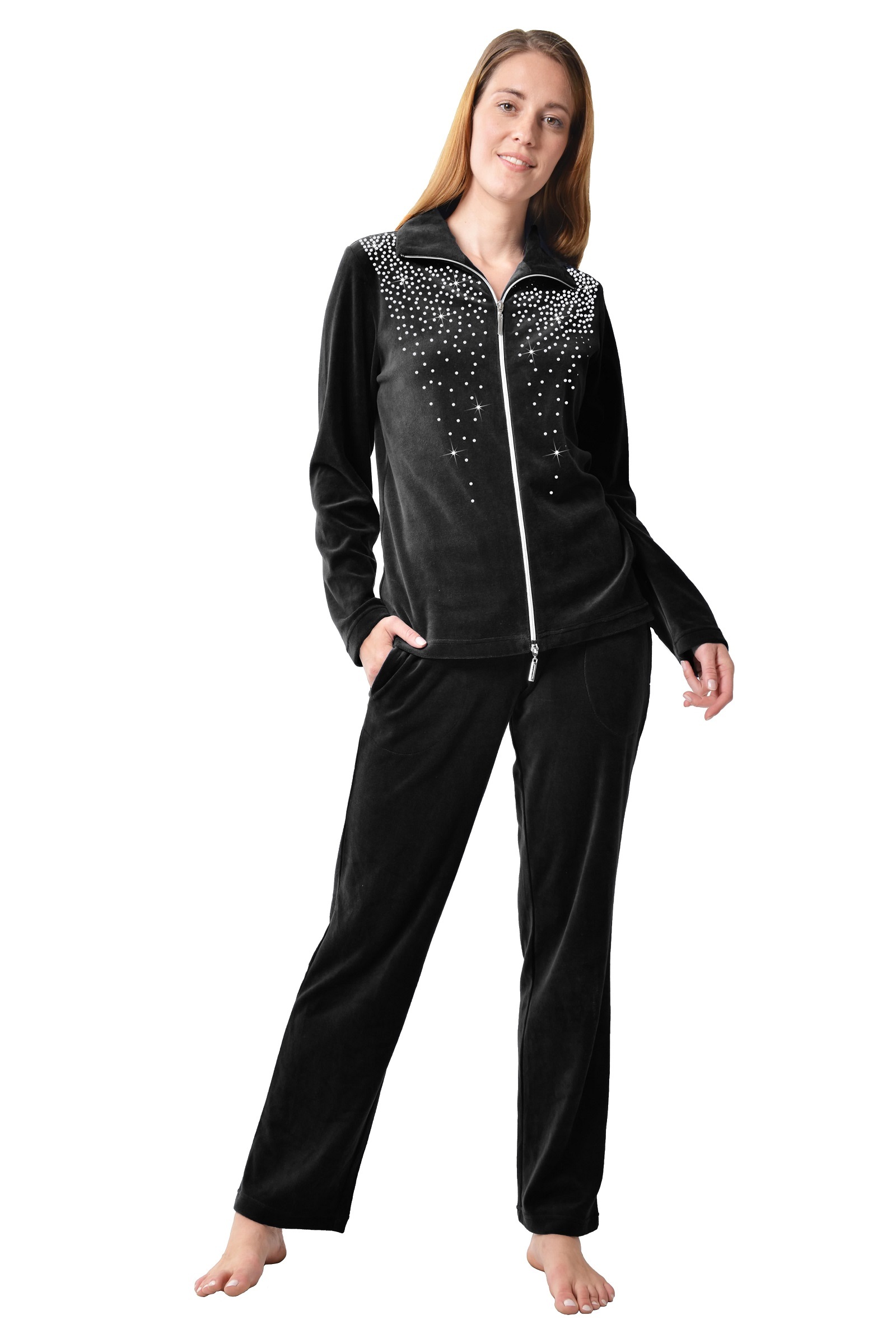 DESEN Damen Velours Nicki Freizeitanzug Fitnessanzug Hausanzug Jogginganzug Nicki-Anzug mit Reißverschluss und Glitzersteinen
