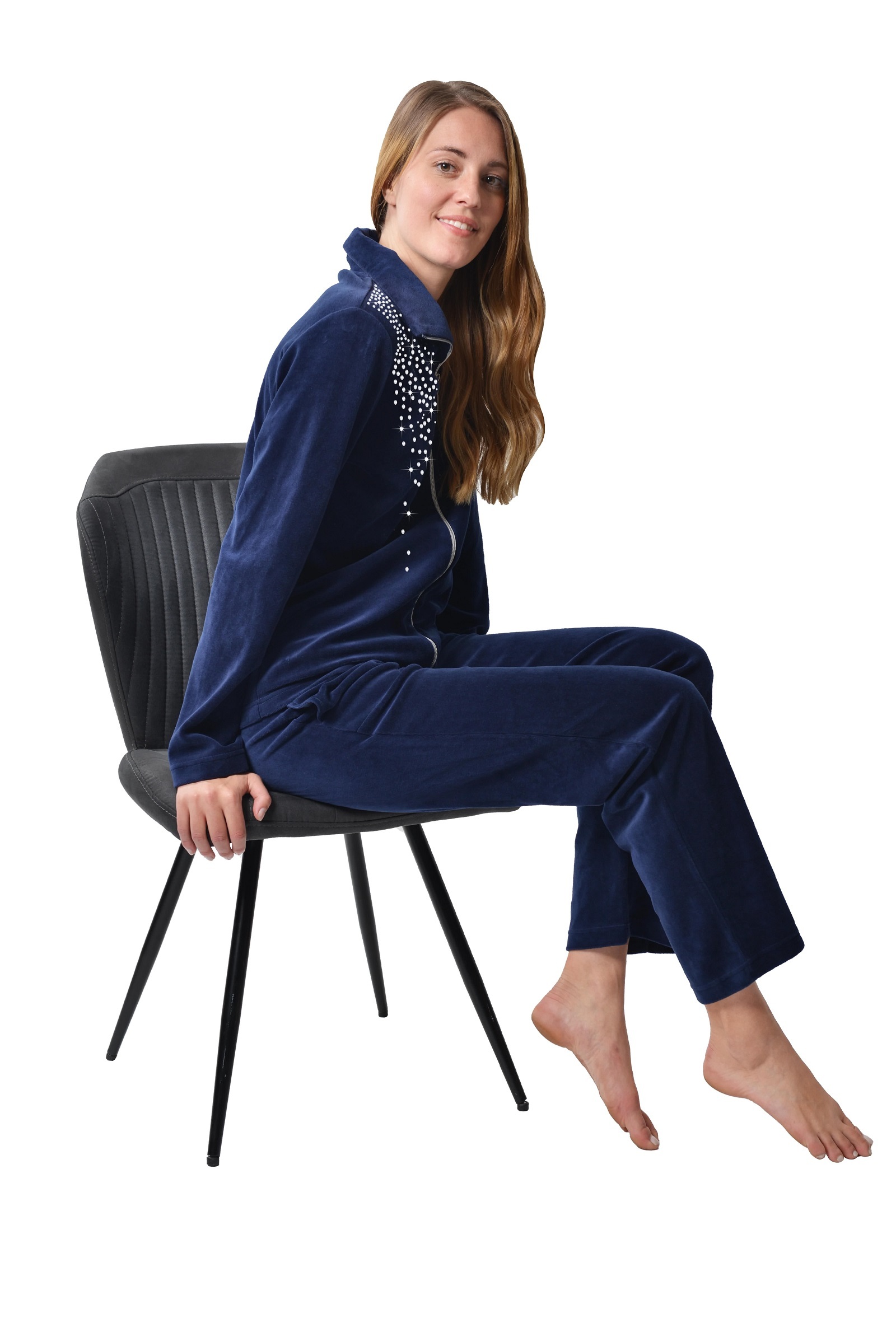 DESEN Damen Velours Nicki Freizeitanzug Fitnessanzug Hausanzug Jogginganzug Nicki-Anzug mit Reißverschluss und Glitzersteinen