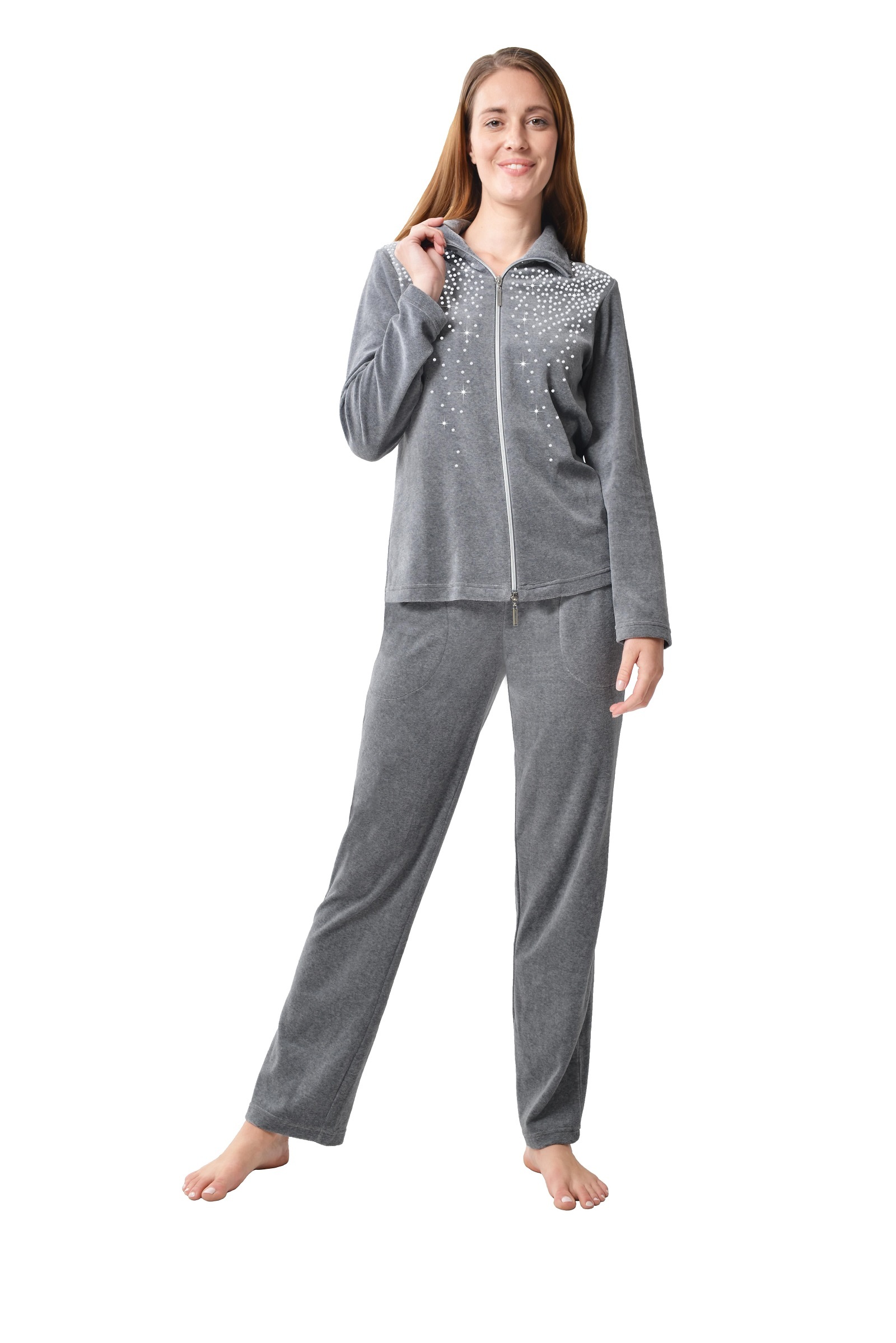 DESEN Damen Velours Nicki Freizeitanzug Fitnessanzug Hausanzug Jogginganzug Nicki-Anzug mit Reißverschluss und Glitzersteinen