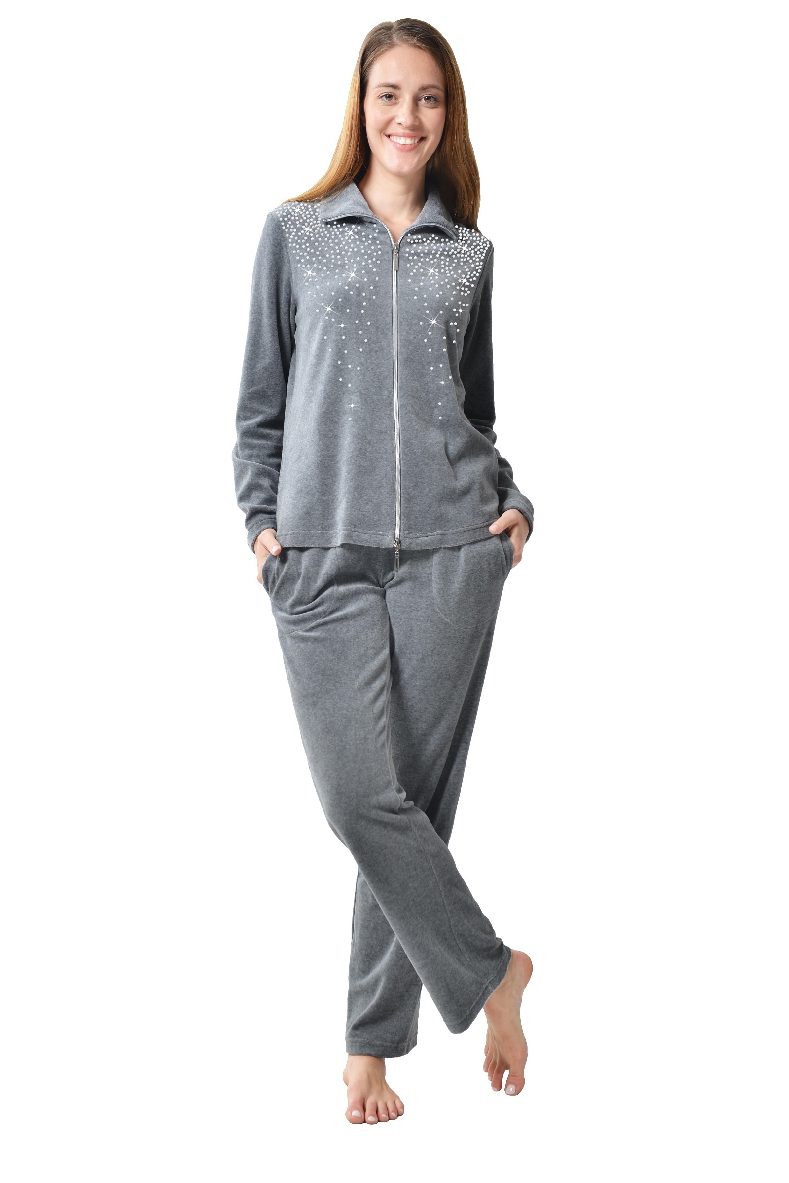DESEN Damen Velours Nicki Freizeitanzug Fitnessanzug Hausanzug Jogginganzug Nicki-Anzug mit Reißverschluss und Glitzersteinen
