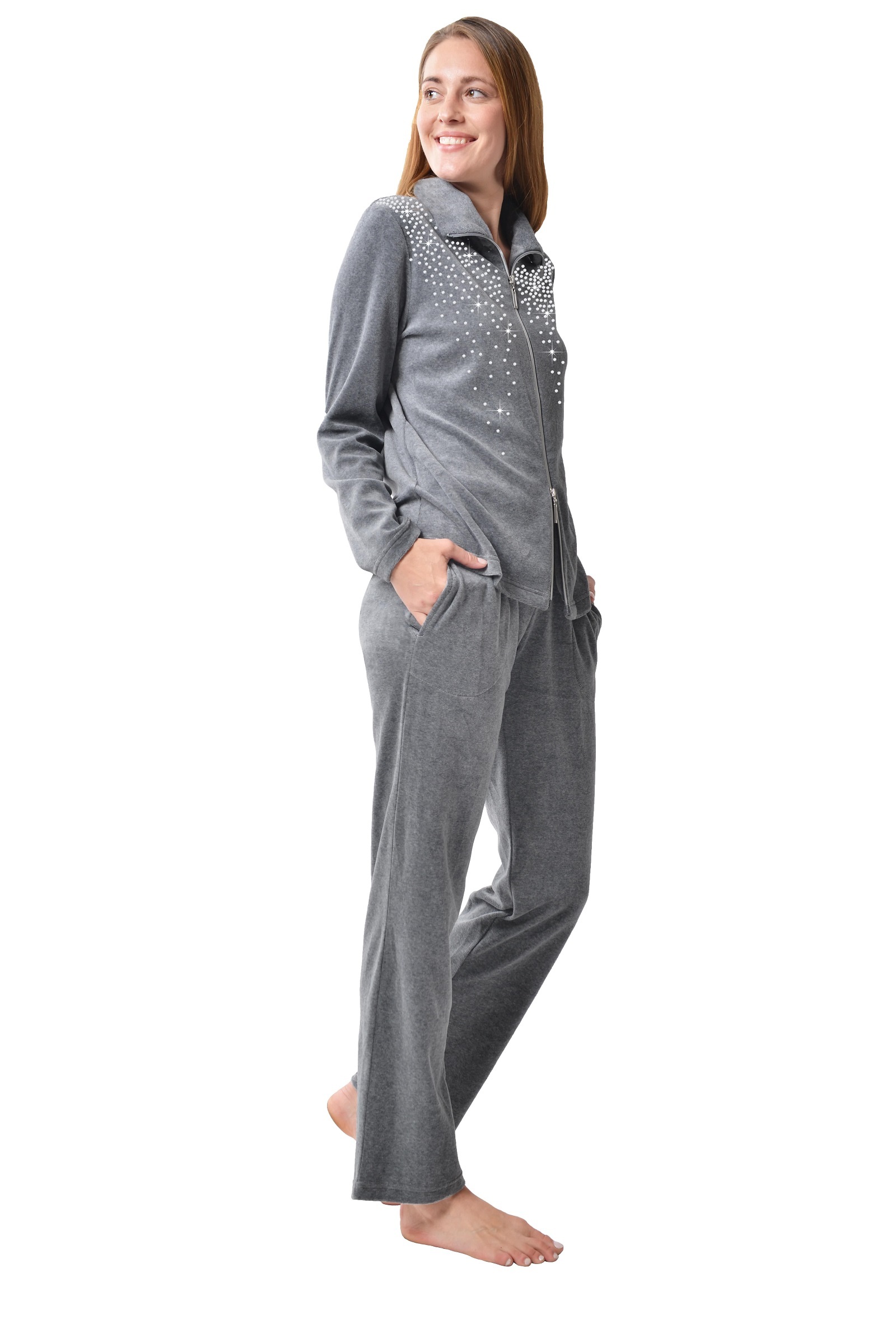 DESEN Damen Velours Nicki Freizeitanzug Fitnessanzug Hausanzug Jogginganzug Nicki-Anzug mit Reißverschluss und Glitzersteinen
