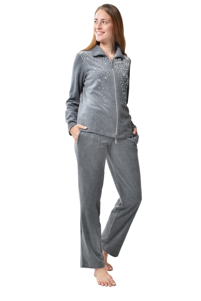 DESEN Damen Velours Nicki Freizeitanzug Fitnessanzug Hausanzug Jogginganzug Nicki-Anzug mit Reißverschluss und Glitzersteinen