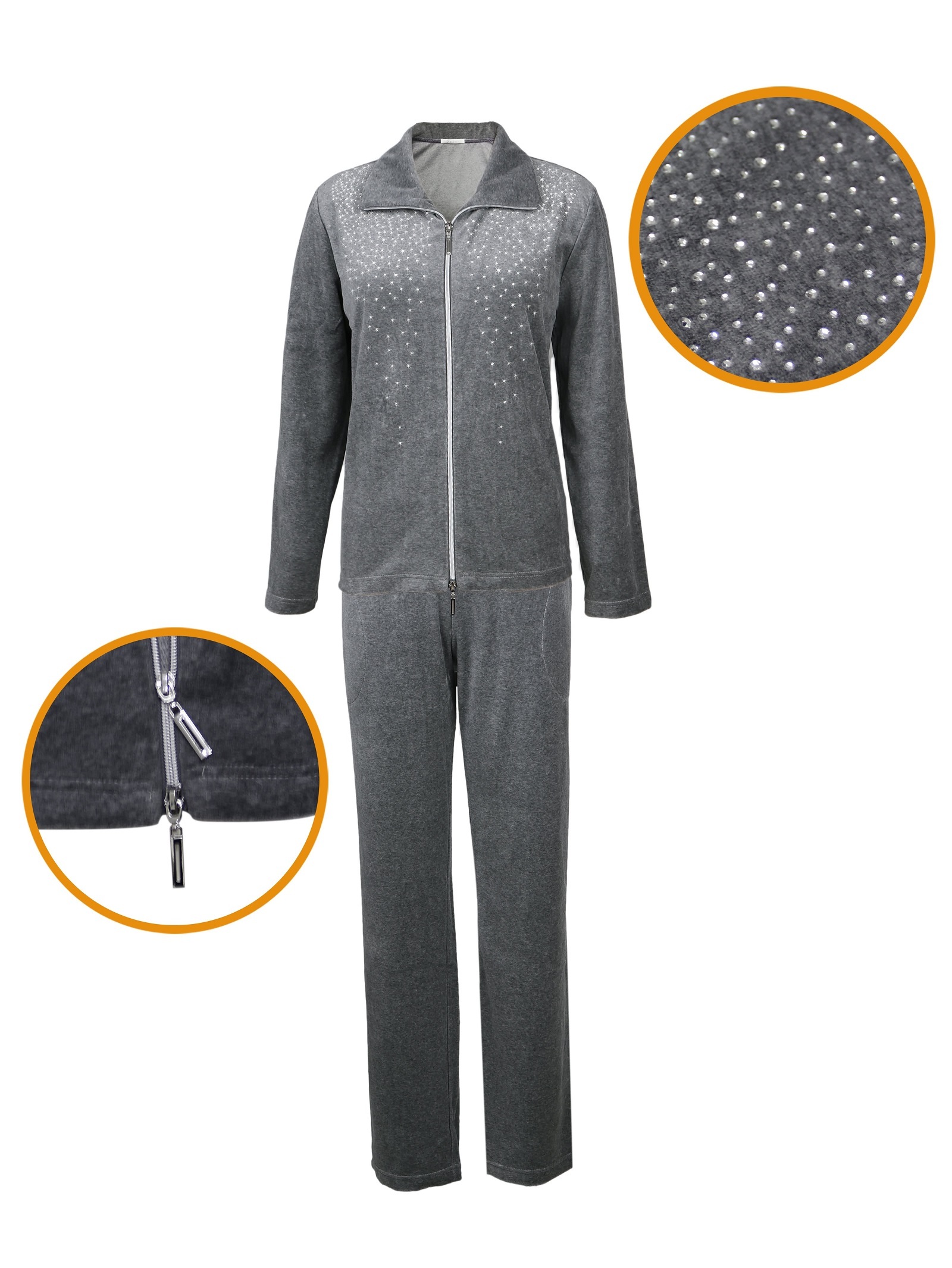 DESEN Damen Velours Nicki Freizeitanzug Fitnessanzug Hausanzug Jogginganzug Nicki-Anzug mit Reißverschluss und Glitzersteinen