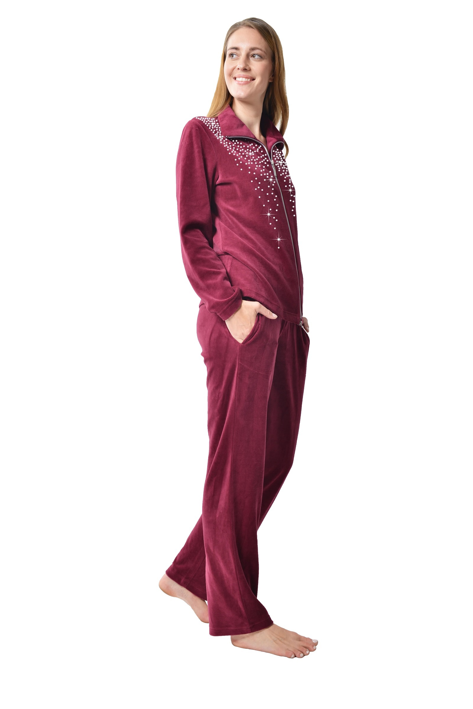 DESEN Damen Velours Nicki Freizeitanzug Fitnessanzug Hausanzug Jogginganzug Nicki-Anzug mit Reißverschluss und Glitzersteinen