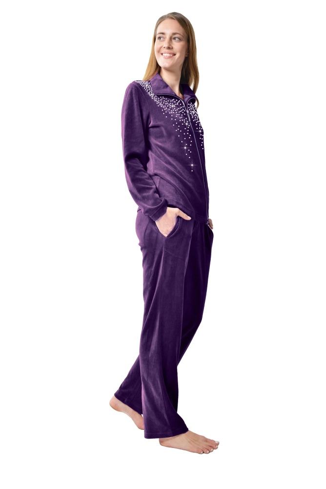 DESEN Damen Velours Nicki Freizeitanzug Fitnessanzug Hausanzug Jogginganzug Nicki-Anzug mit Reißverschluss und Glitzersteinen